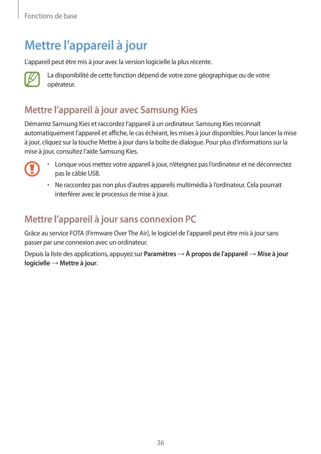 Samsung GT-S7390RWFFTM manual Mettre l’appareil à jour avec Samsung Kies, Mettre l’appareil à jour sans connexion PC 