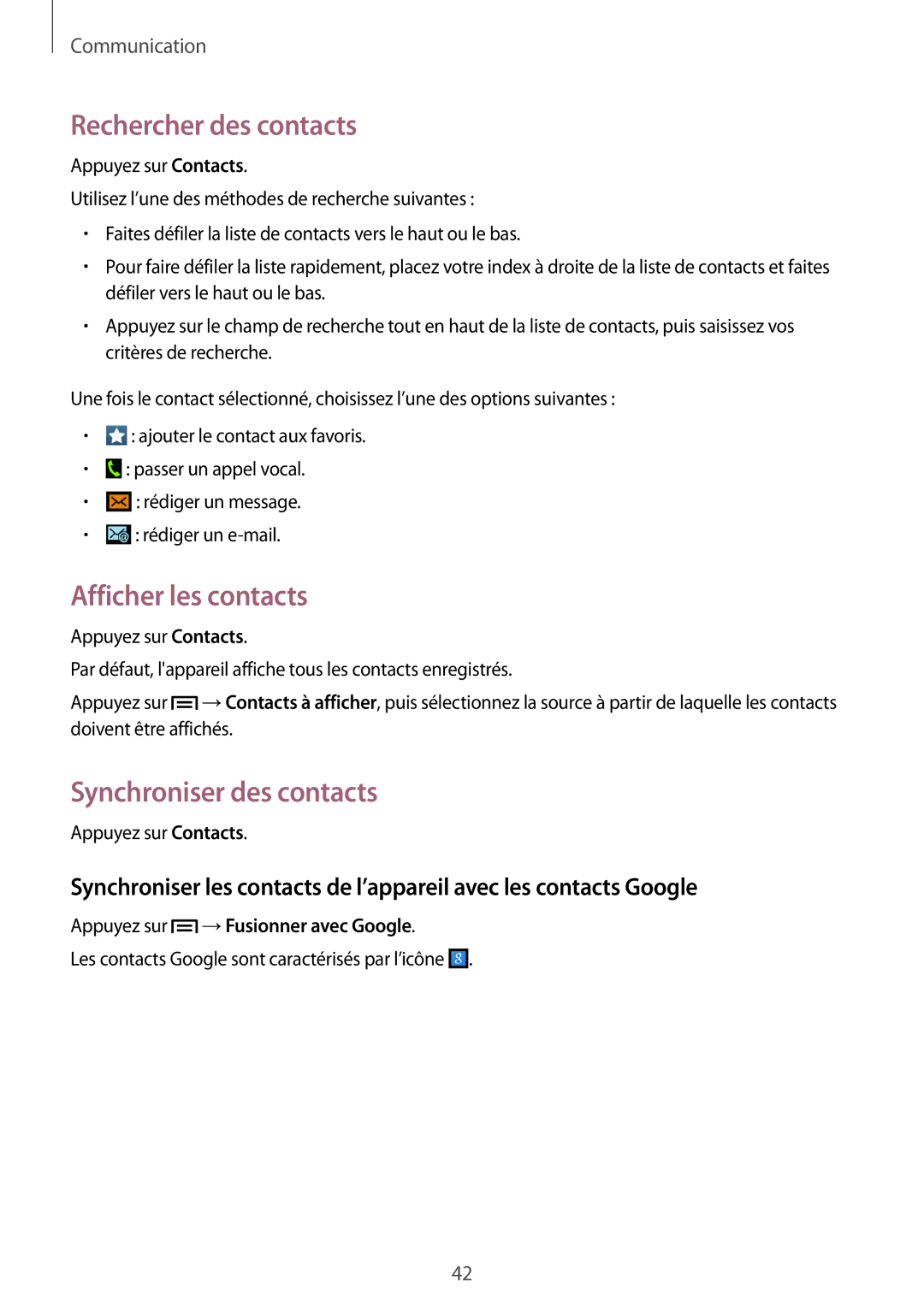 Samsung GT-S7390MKFLPM, GT-S7390RWFFTM manual Rechercher des contacts, Afficher les contacts, Synchroniser des contacts 