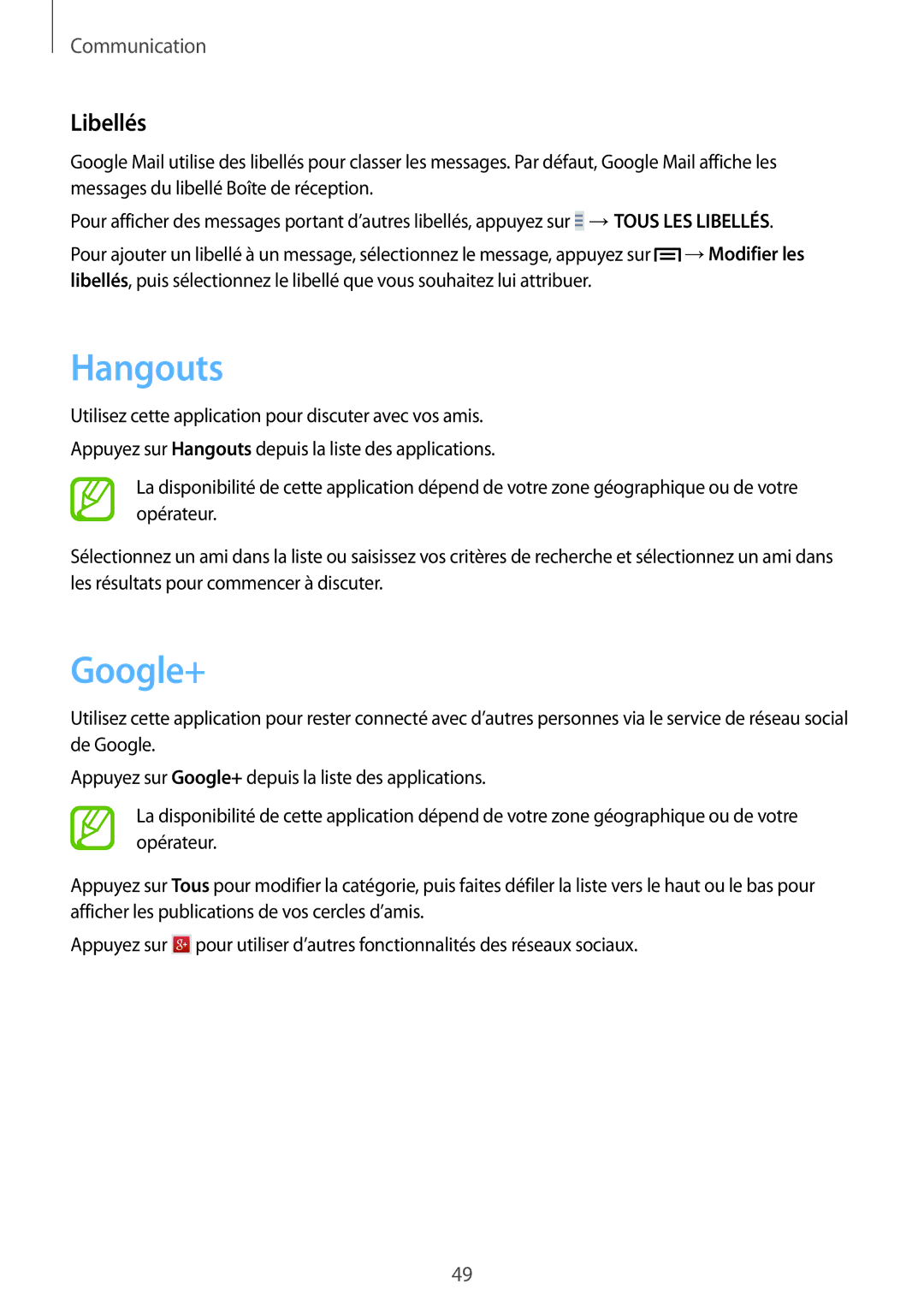 Samsung GT-S7390RWFBOG, GT-S7390RWFFTM, GT-S7390WRFXEF, GT-S7390RWFSFR, GT-S7390MKFSFR manual Hangouts, Google+, Libellés 