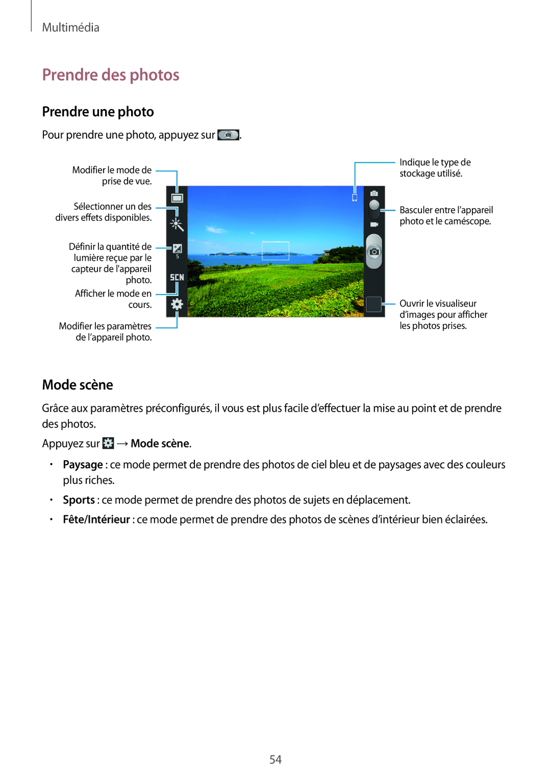 Samsung GT-S7390MKFLPM, GT-S7390RWFFTM, GT-S7390RWFBOG, GT-S7390WRFXEF Prendre des photos, Prendre une photo, Mode scène 