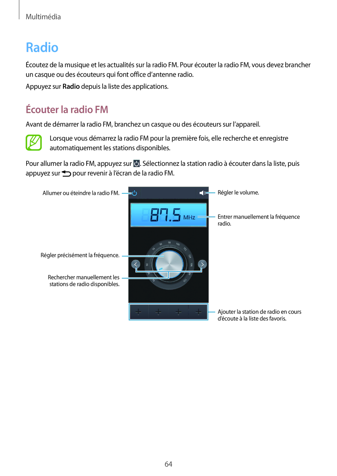 Samsung GT-S7390MKFSFR, GT-S7390RWFFTM, GT-S7390RWFBOG, GT-S7390WRFXEF, GT-S7390RWFSFR manual Radio, Écouter la radio FM 