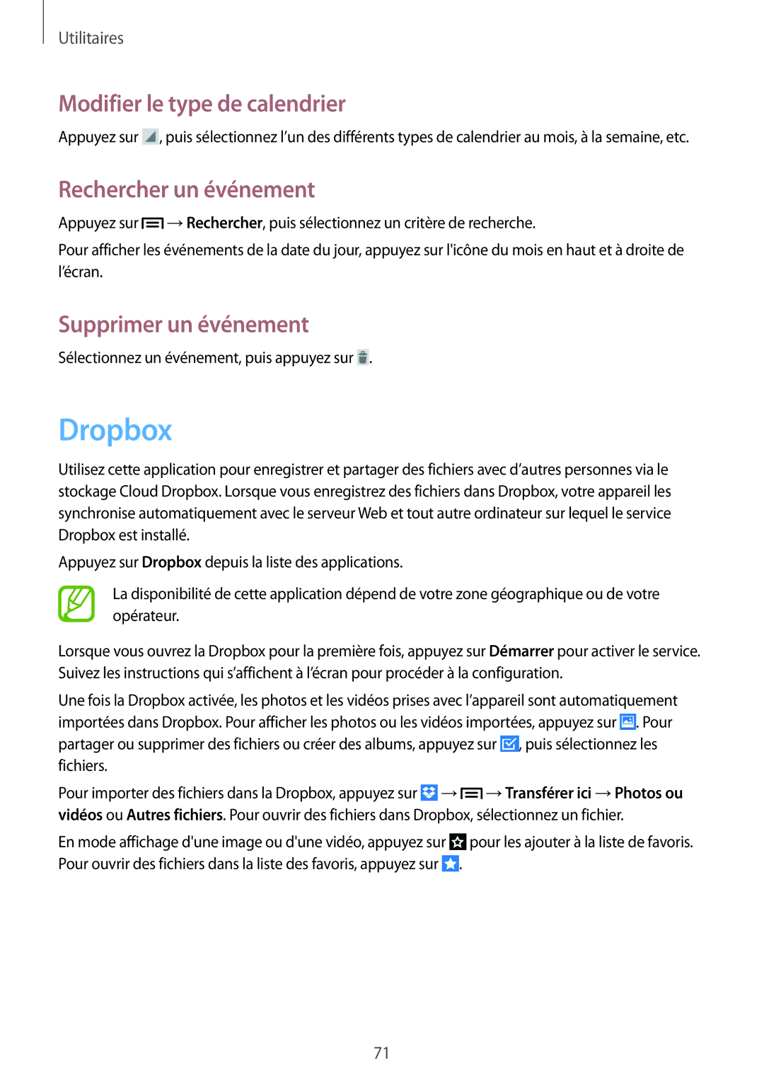 Samsung GT-S7390MKFVGF manual Dropbox, Modifier le type de calendrier, Rechercher un événement, Supprimer un événement 