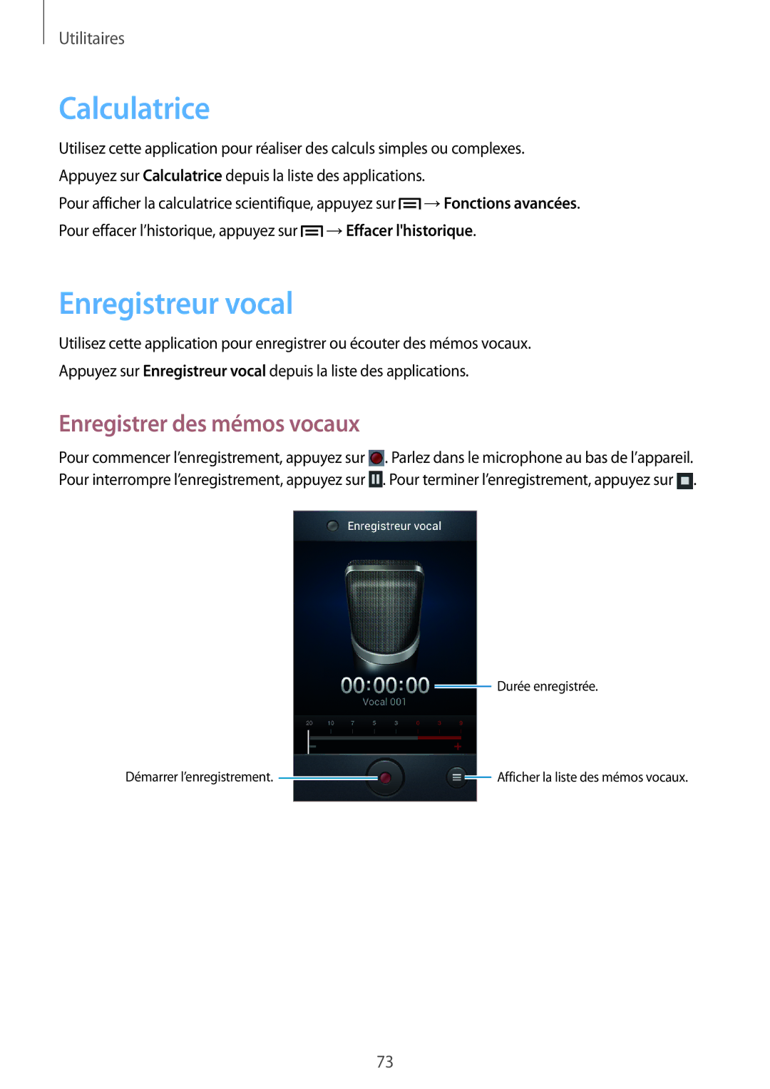 Samsung GT-S7390RWFBOG, GT-S7390RWFFTM, GT-S7390WRFXEF manual Calculatrice, Enregistreur vocal, Enregistrer des mémos vocaux 