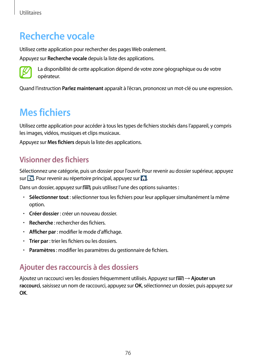 Samsung GT-S7390MKFSFR manual Recherche vocale, Mes fichiers, Visionner des fichiers, Ajouter des raccourcis à des dossiers 