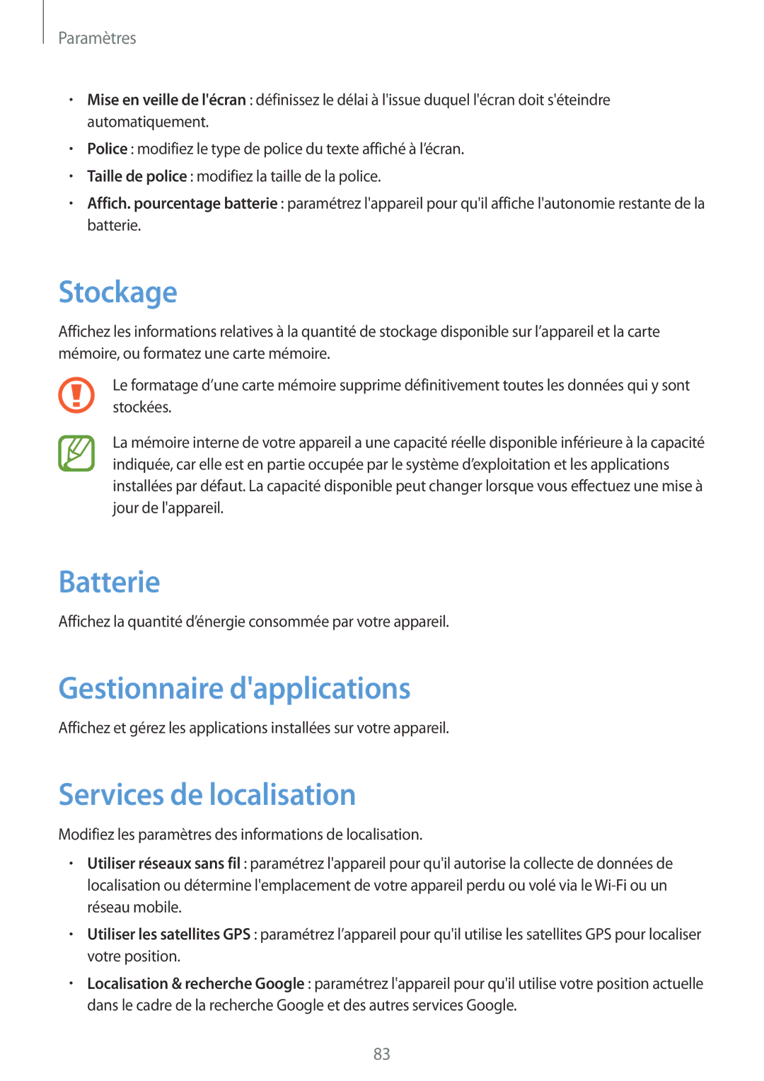 Samsung GT-S7390MKFVGF, GT-S7390RWFFTM manual Stockage, Batterie, Gestionnaire dapplications, Services de localisation 