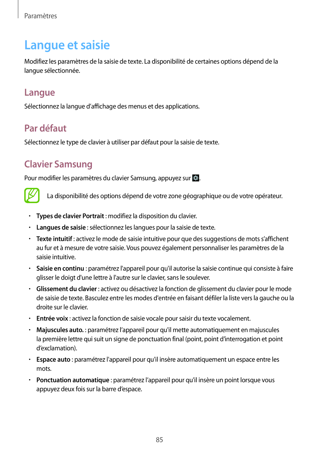 Samsung GT-S7390RWFBOG, GT-S7390RWFFTM, GT-S7390WRFXEF, GT-S7390RWFSFR manual Langue et saisie, Par défaut, Clavier Samsung 