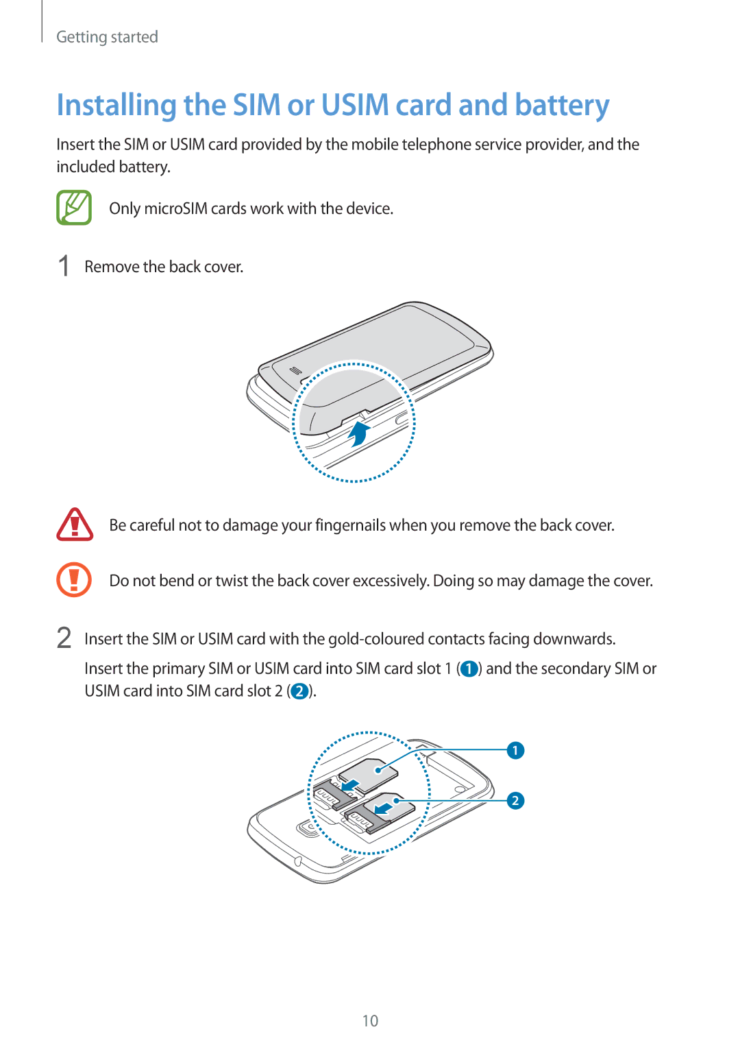 Samsung GT-S7392RWAXXV, GT-S7392WRAXXV, GT-S7392MKAXXV, GT2S7392MKABGL manual Installing the SIM or Usim card and battery 