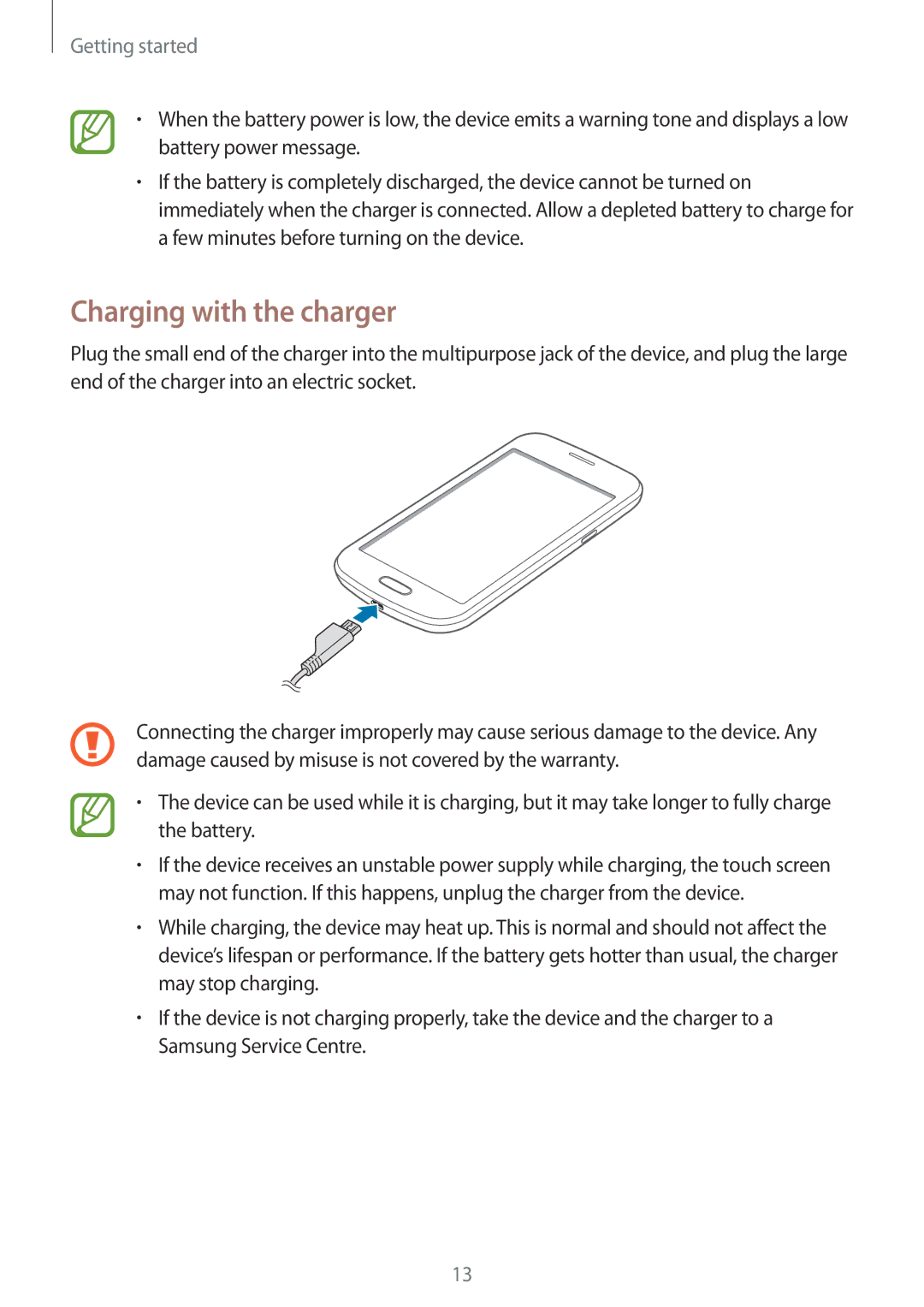 Samsung GT2S7392MKABGL, GT-S7392RWAXXV, GT-S7392WRAXXV, GT-S7392MKAXXV, GT-S7392RWABGL manual Charging with the charger 