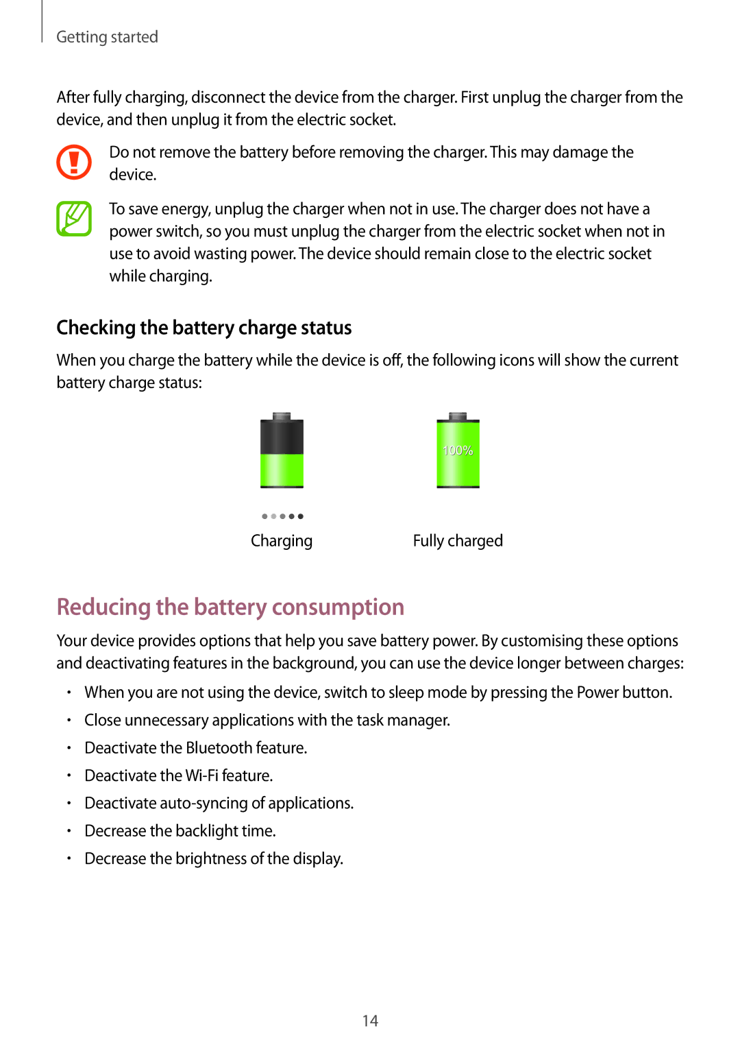 Samsung GT-S7392RWABGL, GT-S7392RWAXXV, GT-S7392WRAXXV Reducing the battery consumption, Checking the battery charge status 