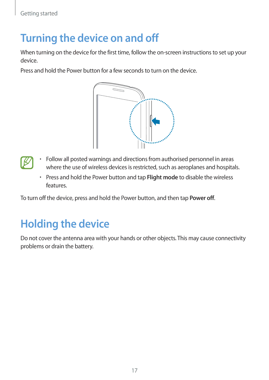 Samsung GT-S7392MKASER, GT-S7392RWAXXV, GT-S7392WRAXXV, GT-S7392MKAXXV Turning the device on and off, Holding the device 