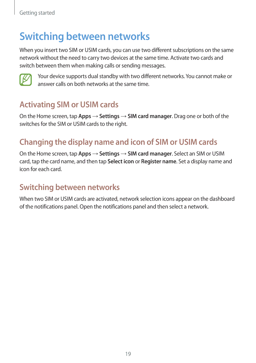 Samsung GT-S7392WRASER, GT-S7392RWAXXV, GT-S7392WRAXXV manual Switching between networks, Activating SIM or Usim cards 