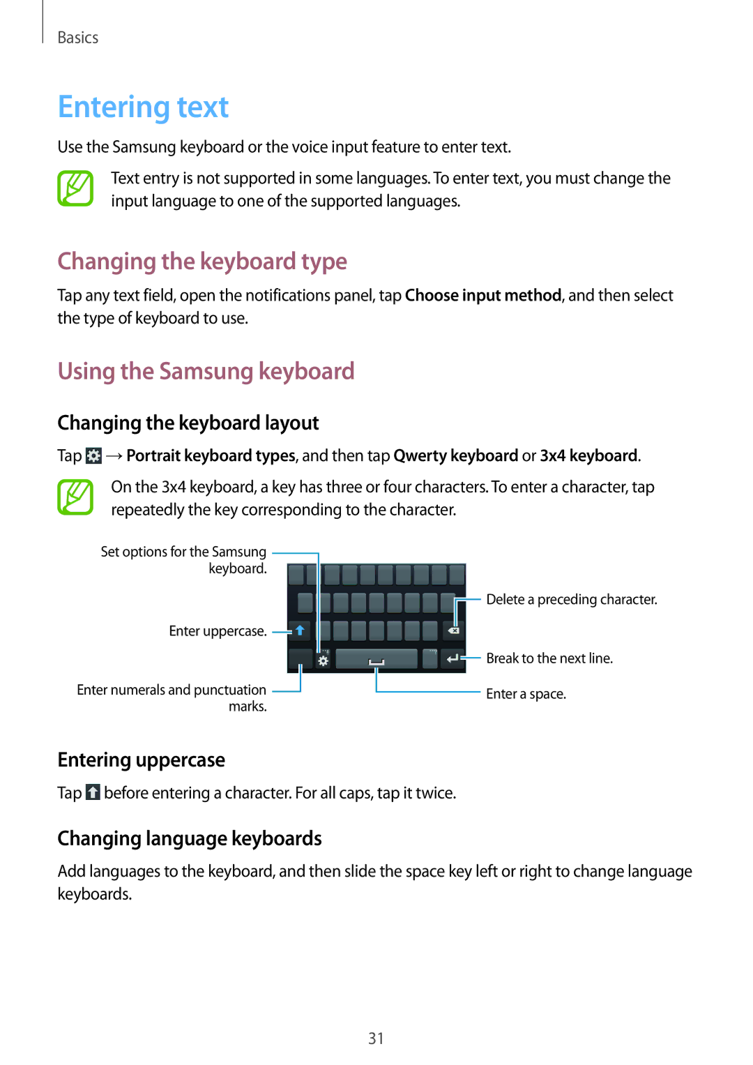 Samsung GT-S7392WRAXXV, GT-S7392RWAXXV manual Entering text, Changing the keyboard type, Using the Samsung keyboard 