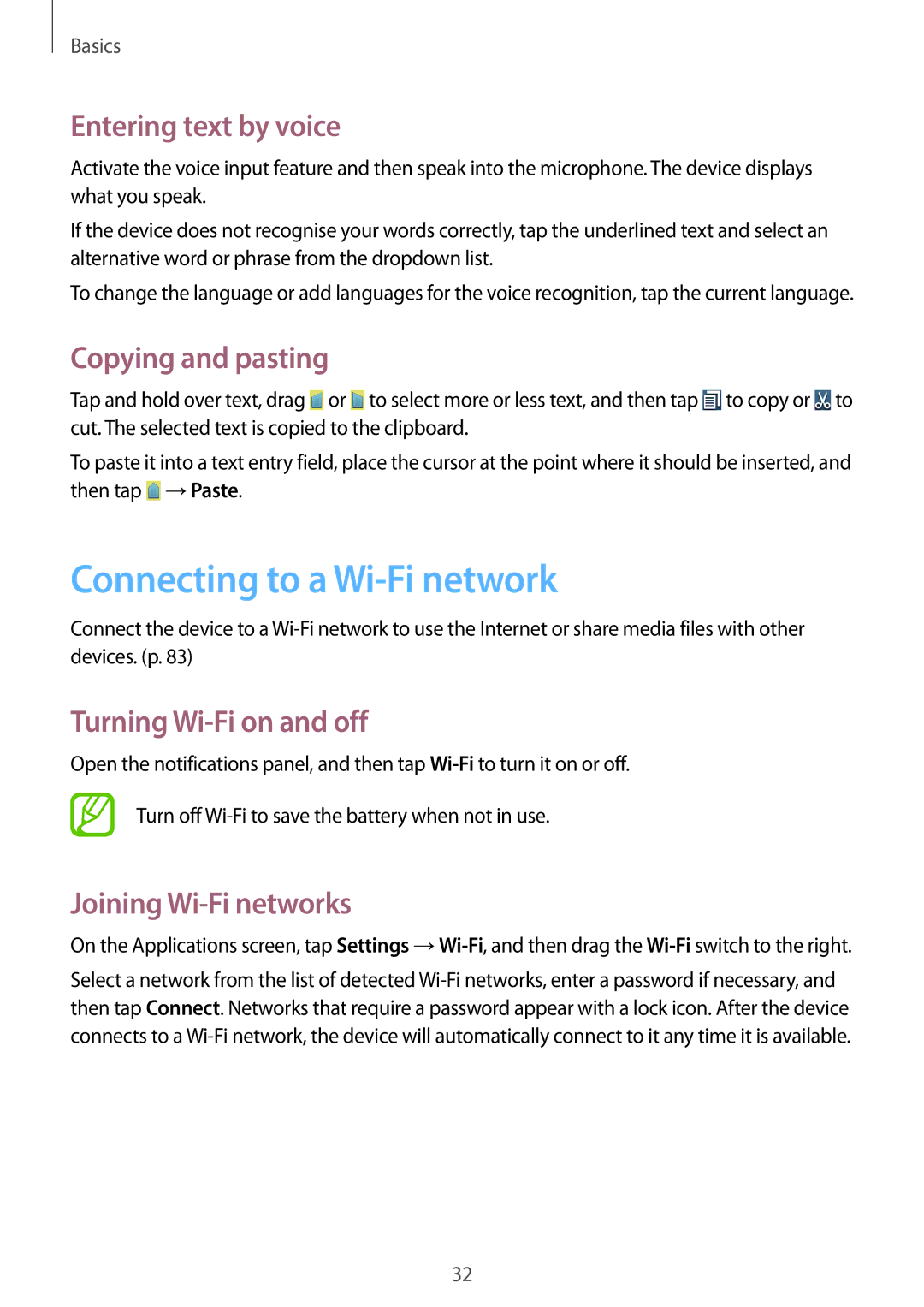 Samsung GT-S7392MKAXXV Connecting to a Wi-Fi network, Entering text by voice, Copying and pasting, Joining Wi-Fi networks 