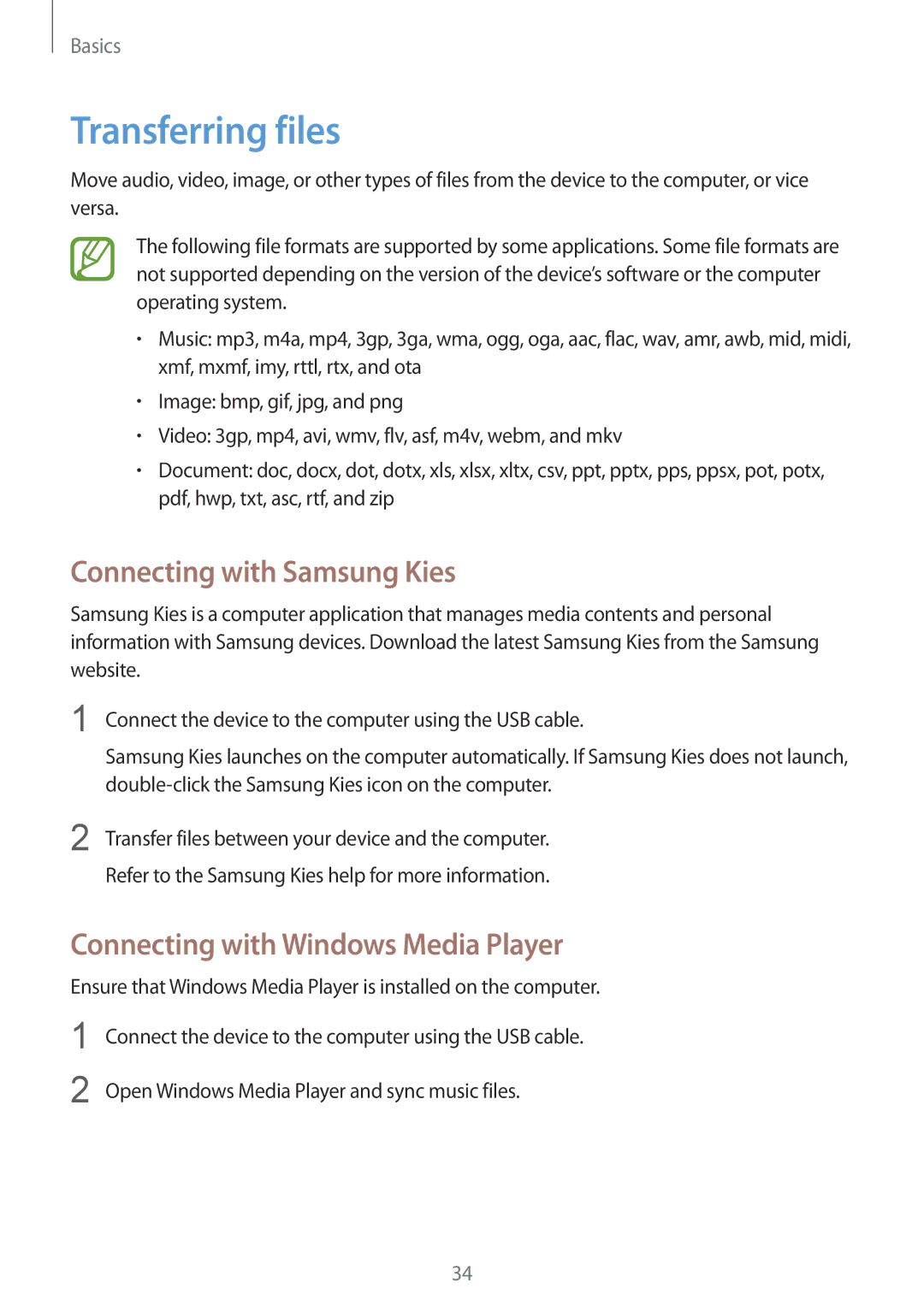 Samsung GT-S7392RWABGL manual Transferring files, Connecting with Samsung Kies, Connecting with Windows Media Player 