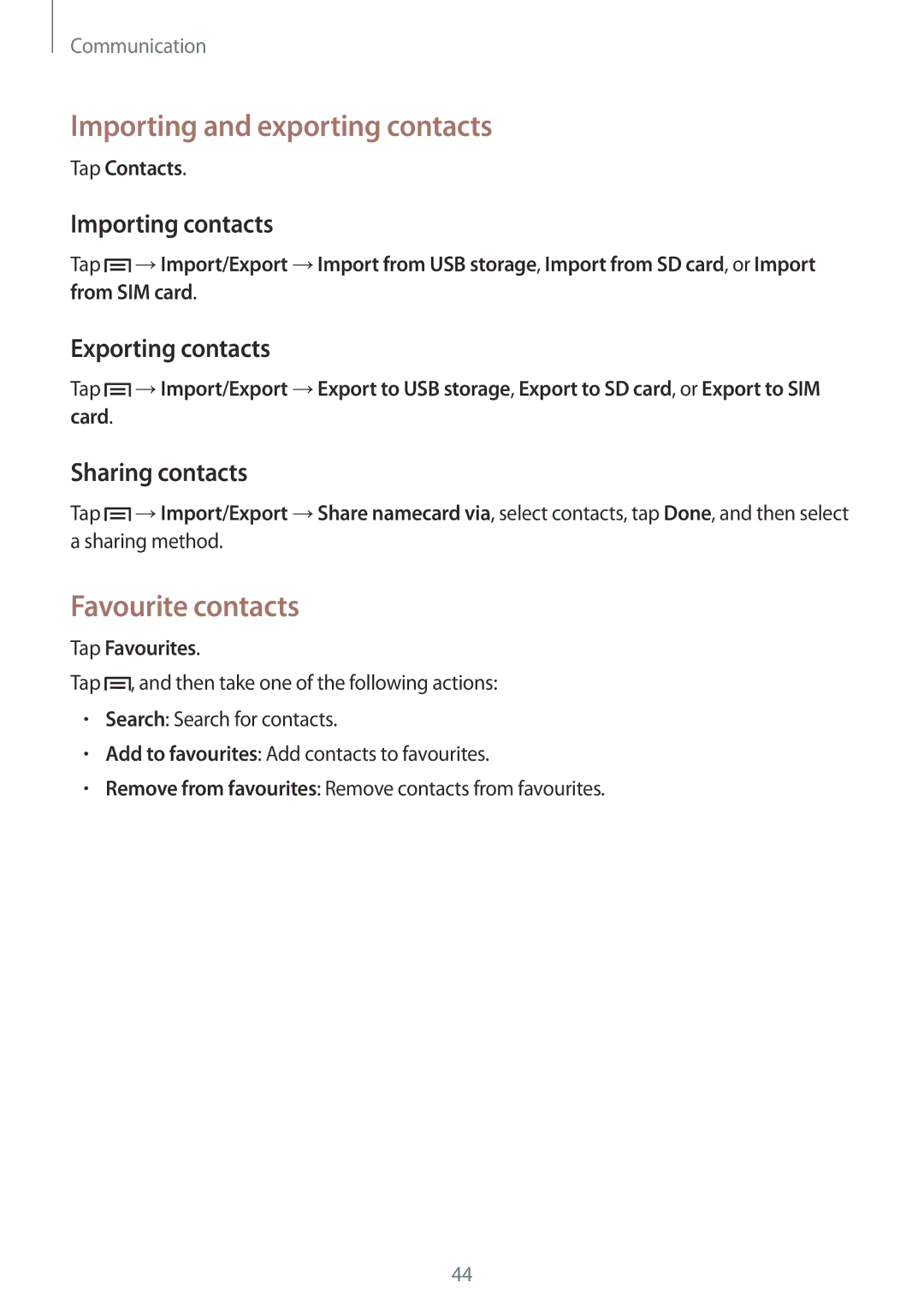 Samsung GT-S7392RWABGL manual Importing and exporting contacts, Favourite contacts, Importing contacts, Exporting contacts 