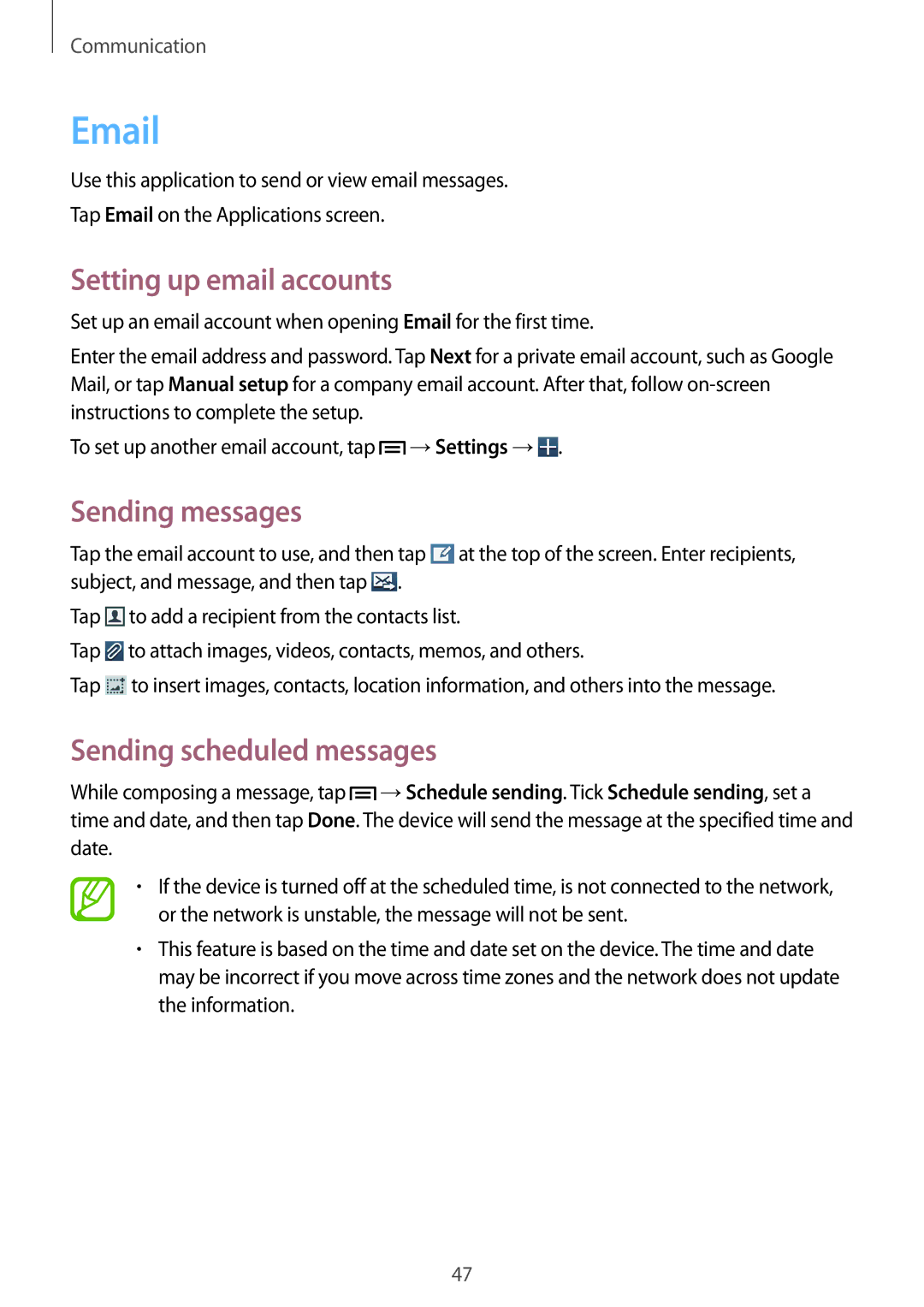 Samsung GT-S7392MKASER, GT-S7392RWAXXV, GT-S7392WRAXXV, GT-S7392MKAXXV Setting up email accounts, Sending scheduled messages 