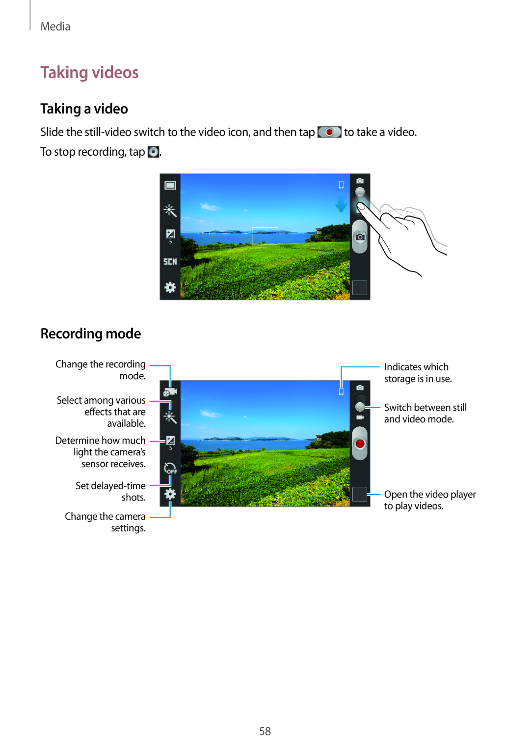 Samsung GT-S7392RWASER, GT-S7392RWAXXV, GT-S7392WRAXXV, GT-S7392MKAXXV manual Taking videos, Taking a video, Recording mode 