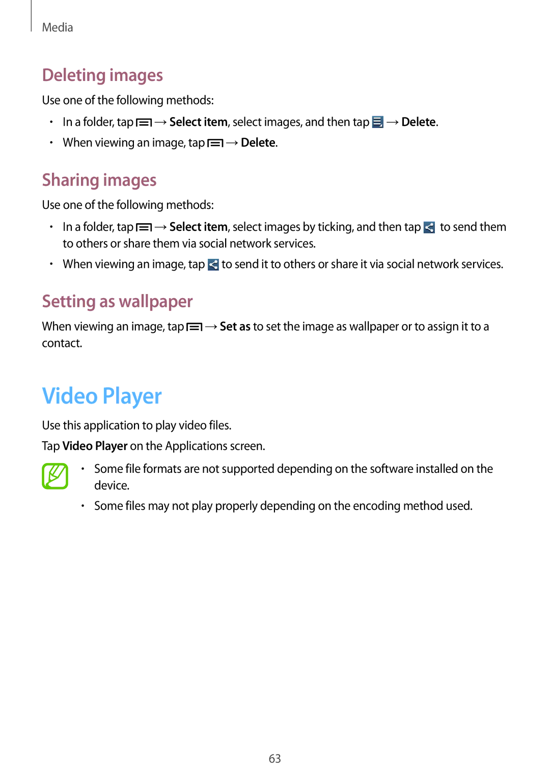Samsung GT2S7392MKABGL, GT-S7392RWAXXV, GT-S7392WRAXXV Video Player, Deleting images, Sharing images, Setting as wallpaper 
