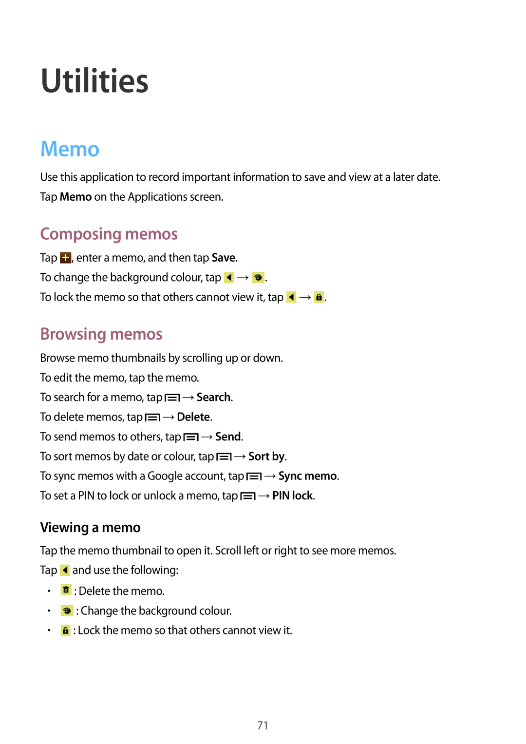 Samsung GT-S7392WRAXXV, GT-S7392RWAXXV, GT-S7392MKAXXV Utilities, Memo, Composing memos, Browsing memos, Viewing a memo 