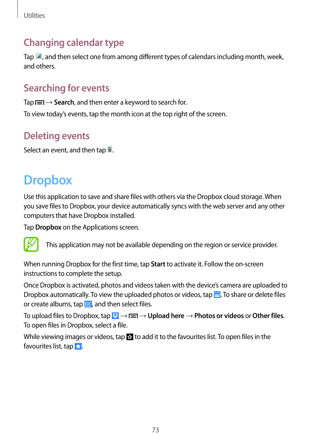Samsung GT2S7392MKABGL, GT-S7392RWAXXV manual Dropbox, Changing calendar type, Searching for events, Deleting events 