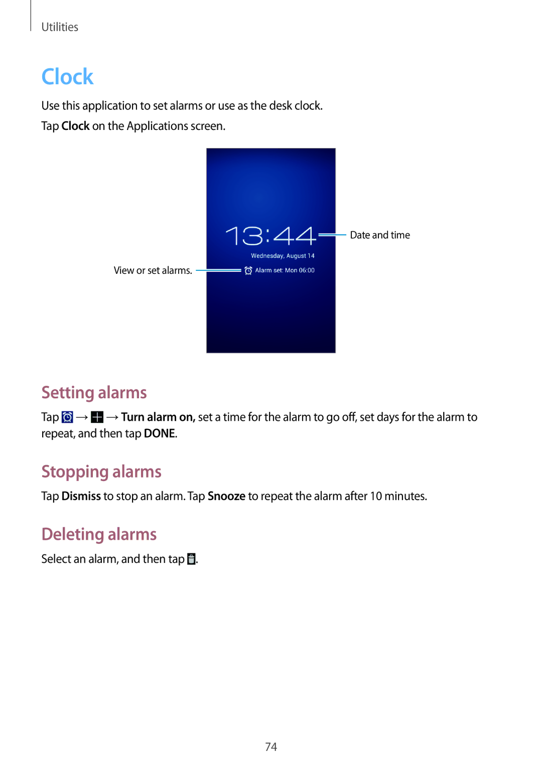 Samsung GT-S7392RWABGL, GT-S7392RWAXXV, GT-S7392WRAXXV manual Clock, Setting alarms, Stopping alarms, Deleting alarms 