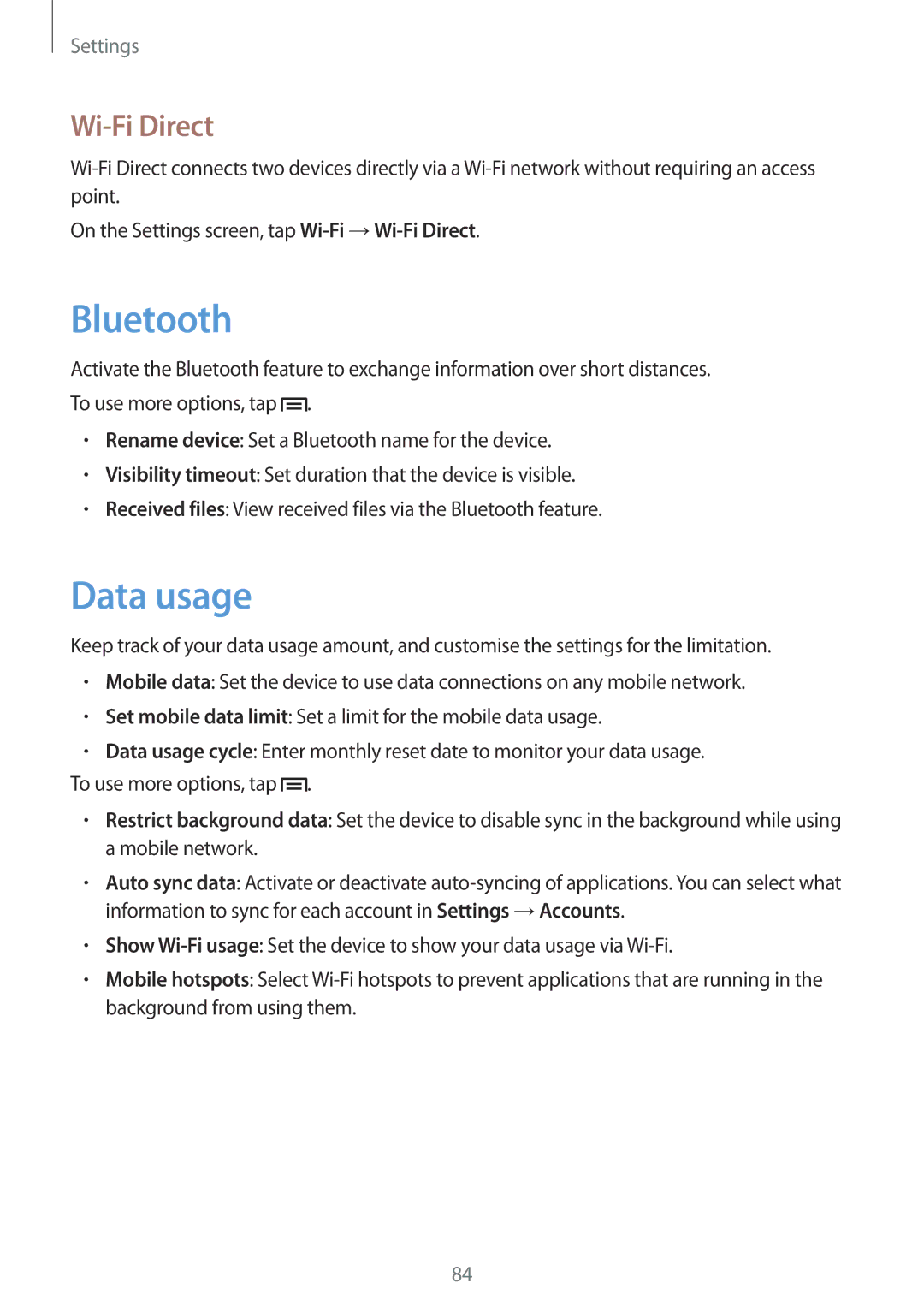 Samsung GT-S7392RWABGL, GT-S7392RWAXXV, GT-S7392WRAXXV, GT-S7392MKAXXV, GT2S7392MKABGL manual Data usage, Wi-Fi Direct 