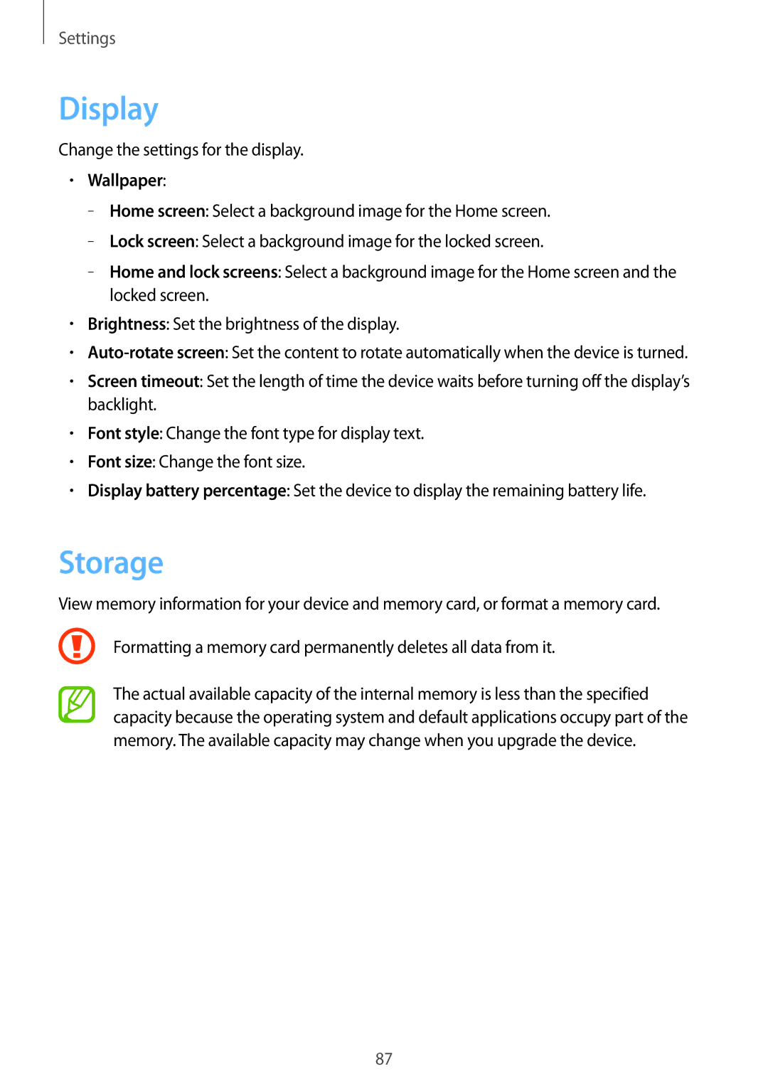 Samsung GT-S7392MKASER, GT-S7392RWAXXV, GT-S7392WRAXXV, GT-S7392MKAXXV, GT2S7392MKABGL manual Display, Storage, Wallpaper 