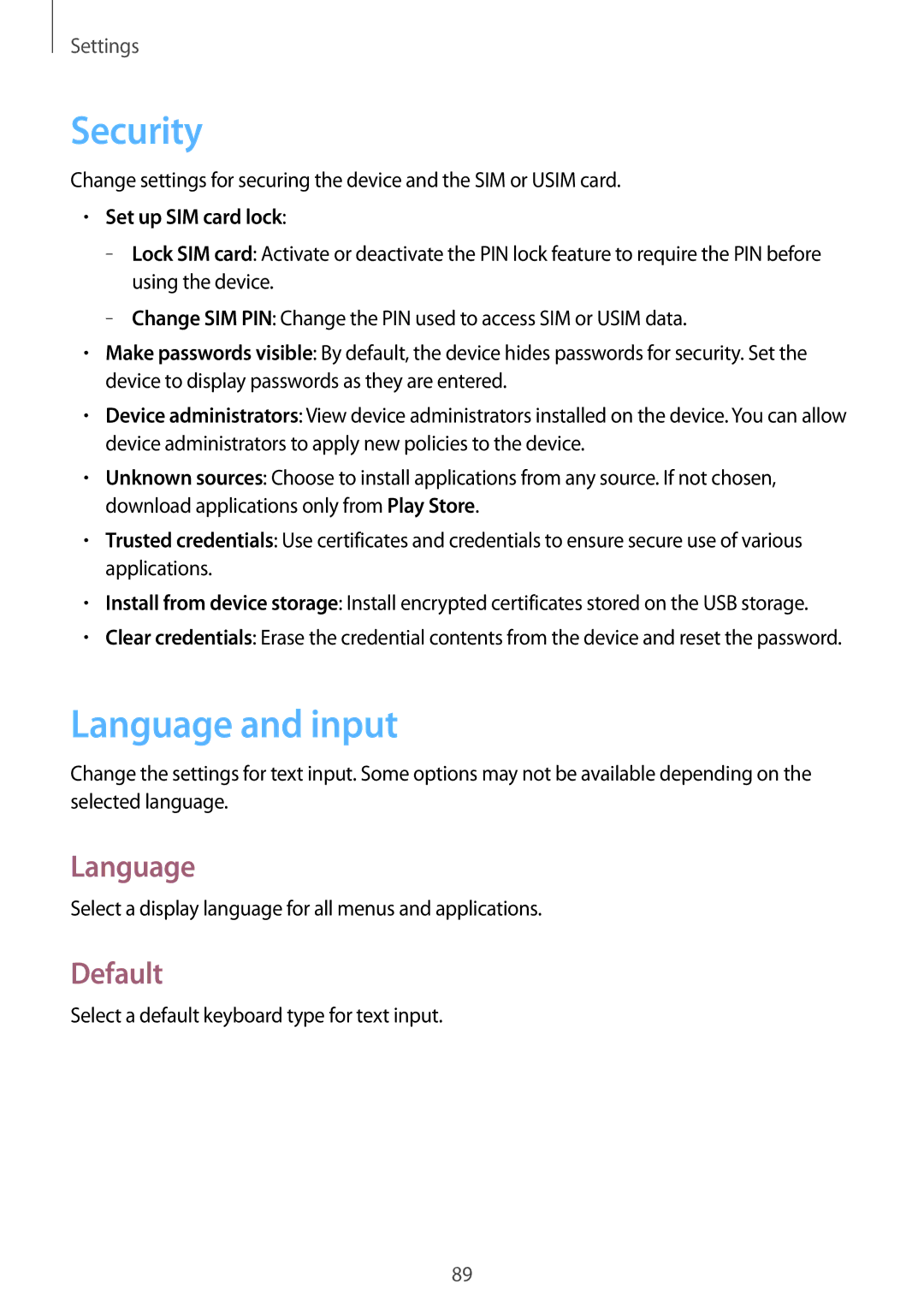 Samsung GT-S7392WRASER, GT-S7392RWAXXV, GT-S7392WRAXXV manual Security, Language and input, Default, Set up SIM card lock 