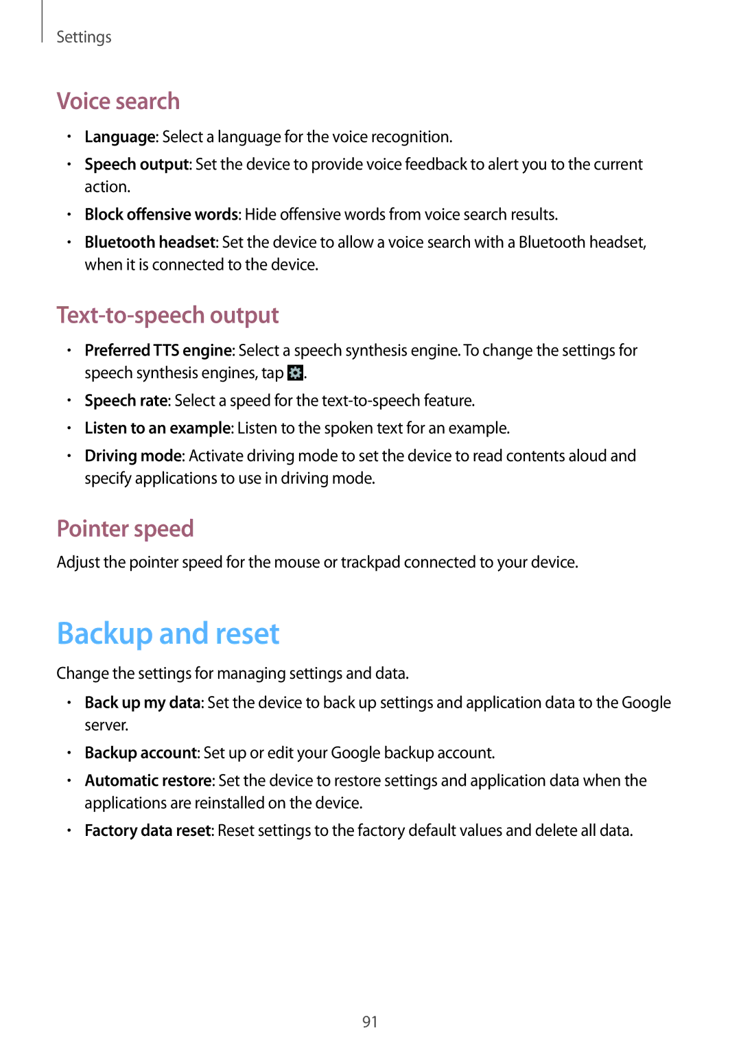 Samsung GT-S7392WRAXXV, GT-S7392RWAXXV, GT-S7392MKAXXV Backup and reset, Voice search, Text-to-speech output, Pointer speed 