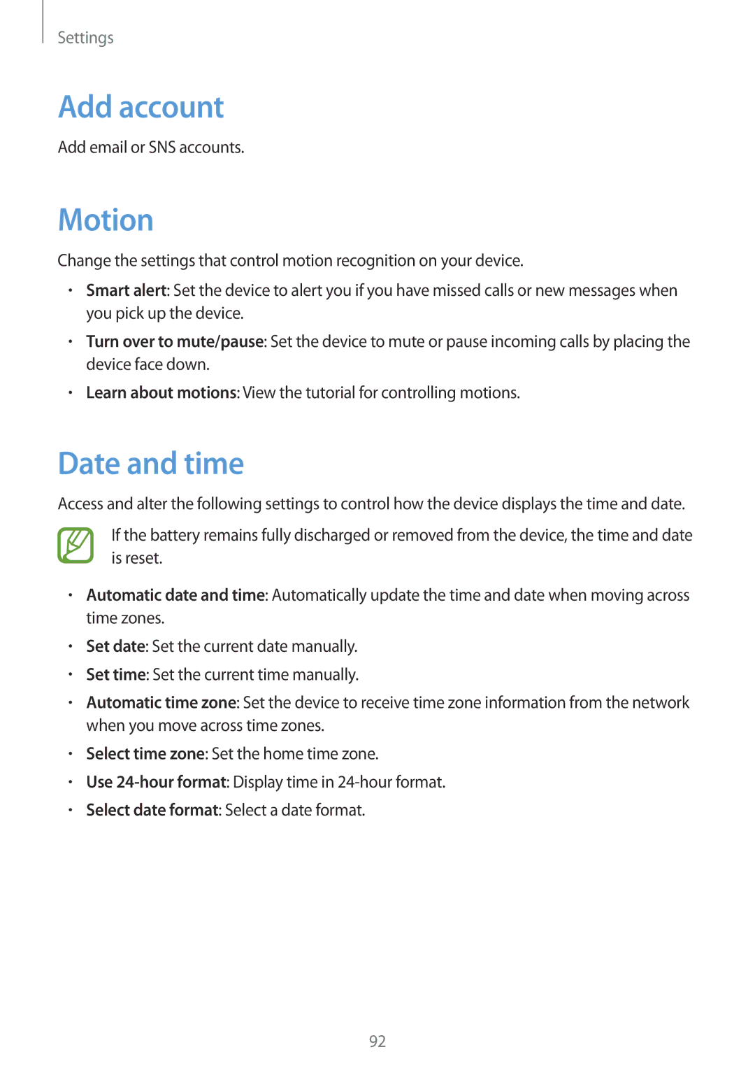 Samsung GT-S7392MKAXXV, GT-S7392RWAXXV, GT-S7392WRAXXV, GT2S7392MKABGL, GT-S7392RWABGL Add account, Motion, Date and time 
