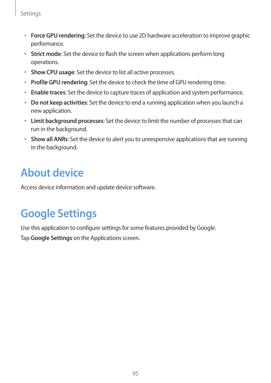 Samsung GT2S7392RWABGL, GT-S7392RWAXXV, GT-S7392WRAXXV, GT-S7392MKAXXV, GT2S7392MKABGL manual About device, Google Settings 