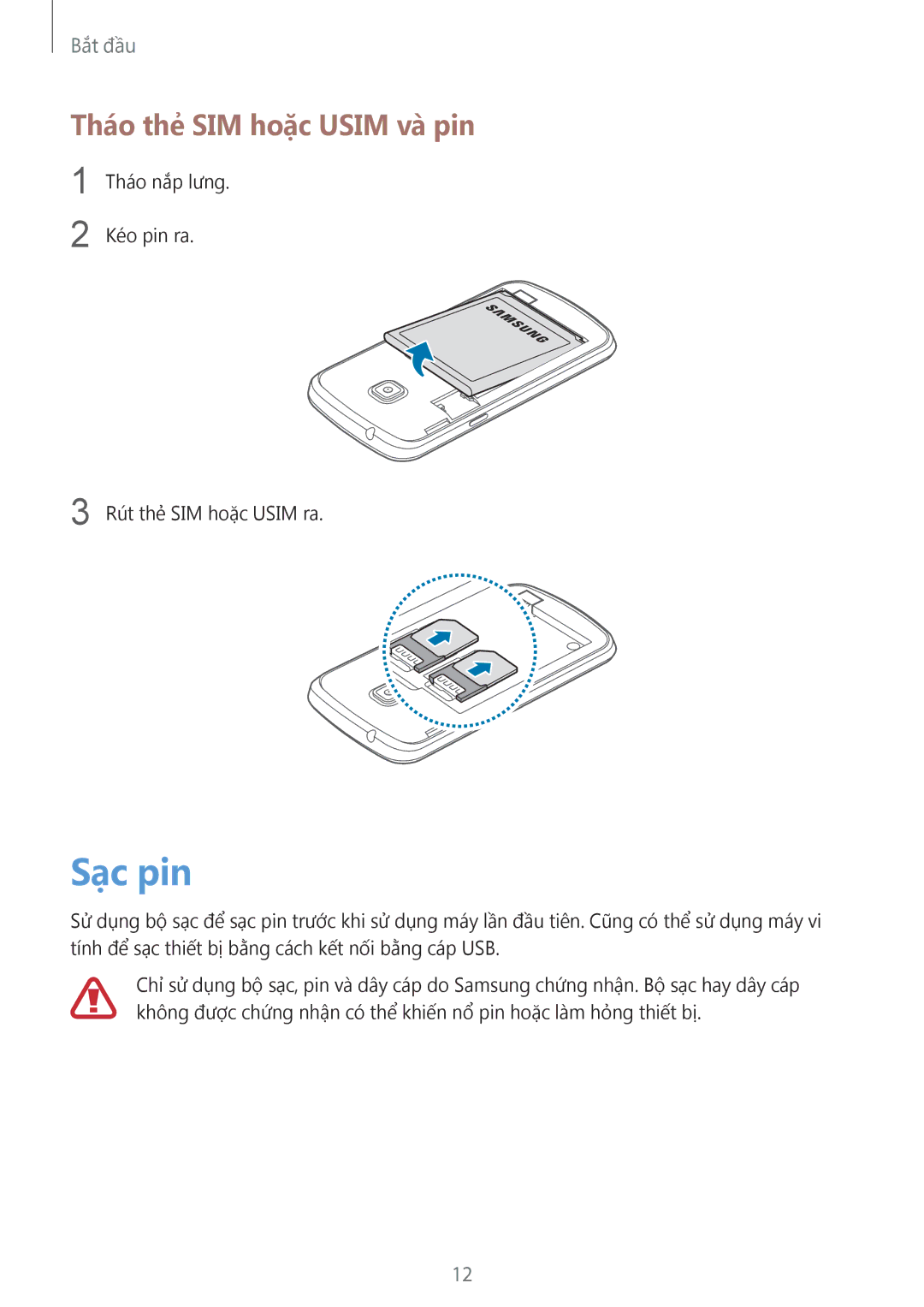 Samsung GT-S7392RWAXXV, GT-S7392WRAXXV, GT-S7392MKAXXV manual Sạc pin, Tháo thẻ SIM hoặc Usim và pin 