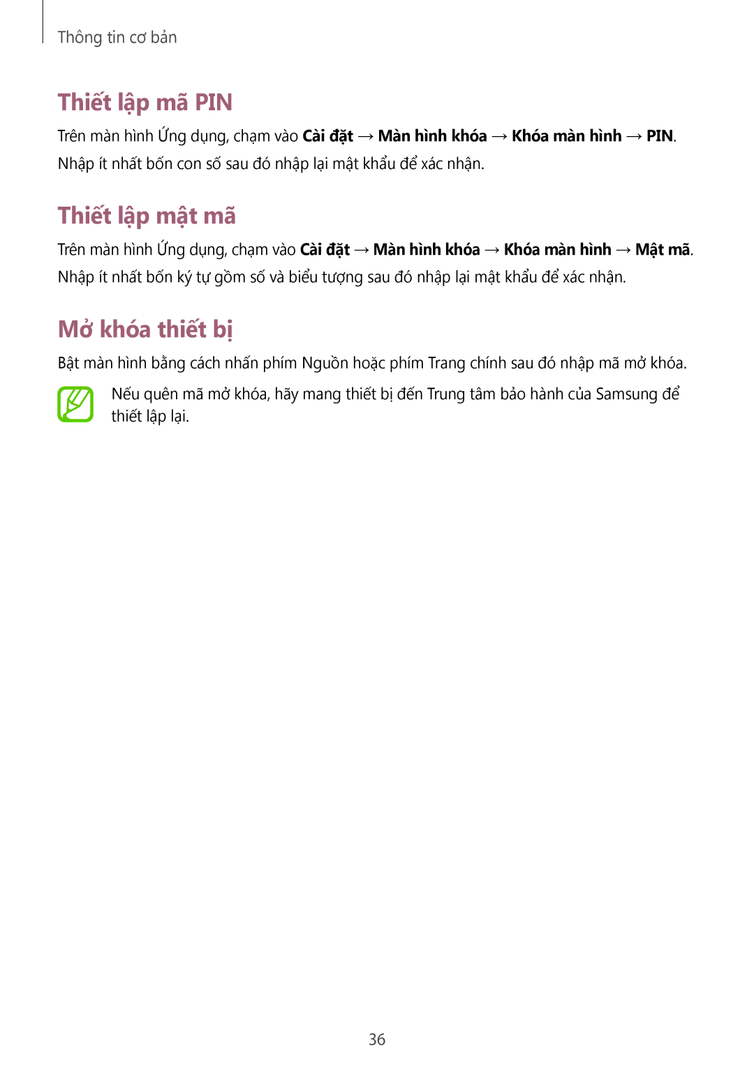 Samsung GT-S7392RWAXXV, GT-S7392WRAXXV, GT-S7392MKAXXV manual Thiết lập mã PIN, Thiết lập mật mã, Mở khóa thiết bị 