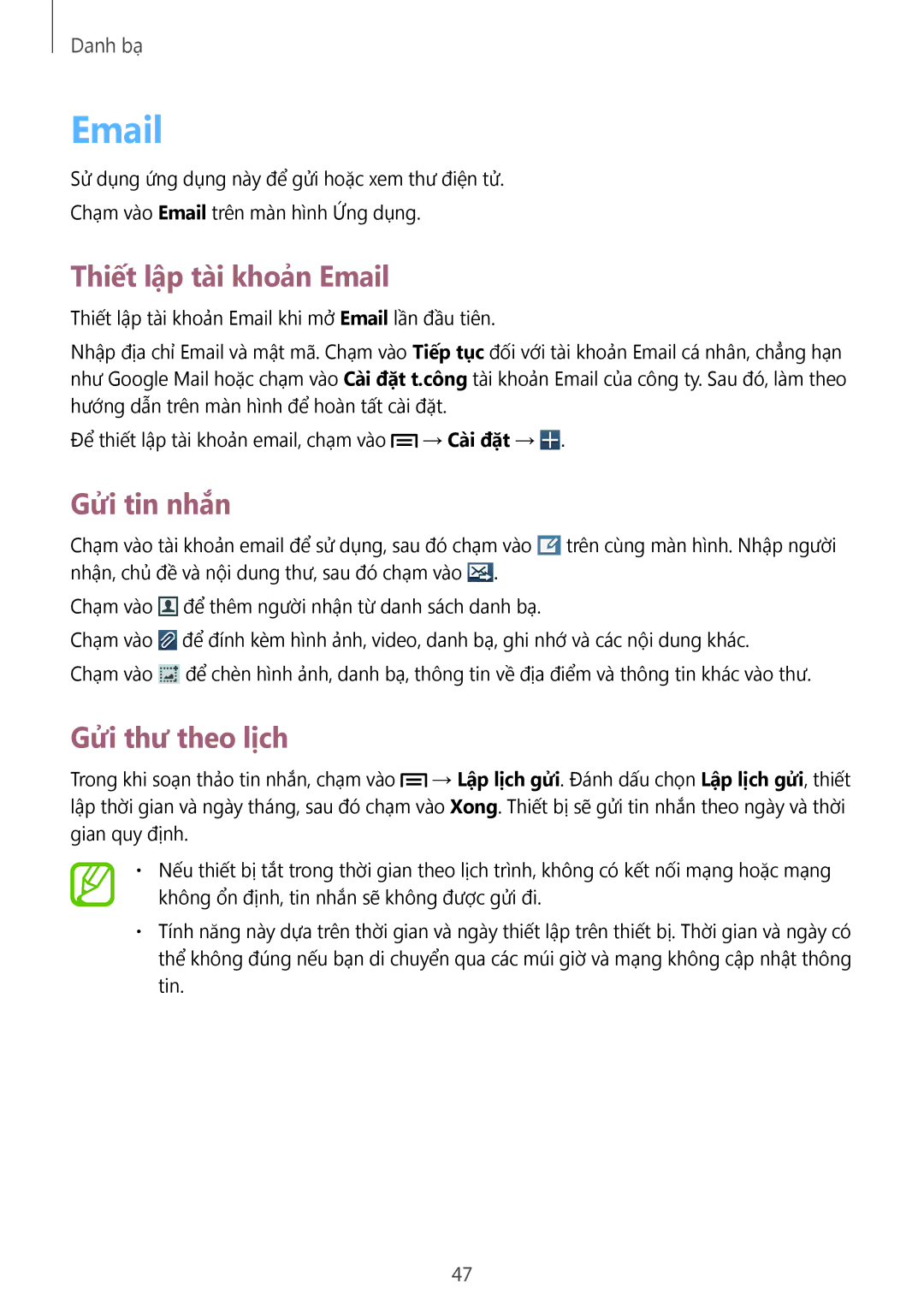 Samsung GT-S7392MKAXXV, GT-S7392RWAXXV, GT-S7392WRAXXV manual Thiết lập tài khoản Email, Gửi thư theo lịch 