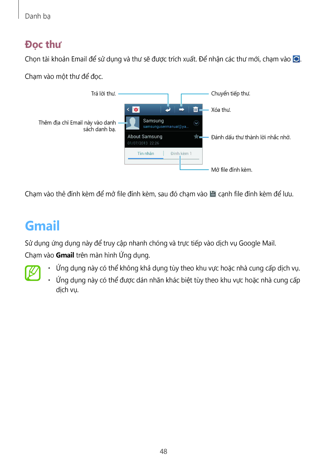 Samsung GT-S7392RWAXXV, GT-S7392WRAXXV, GT-S7392MKAXXV manual Gmail, Đọc thư 