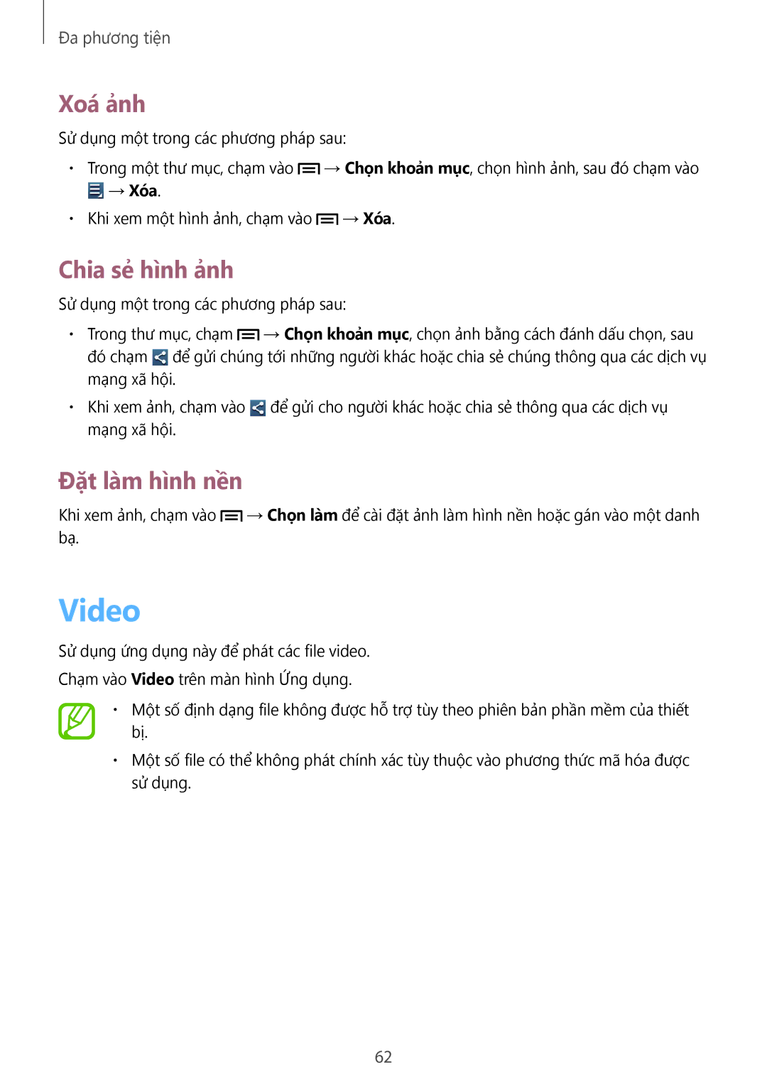 Samsung GT-S7392MKAXXV, GT-S7392RWAXXV, GT-S7392WRAXXV manual Video, Xoá ảnh, Chia sẻ hình ảnh, Đặt làm hình nền 