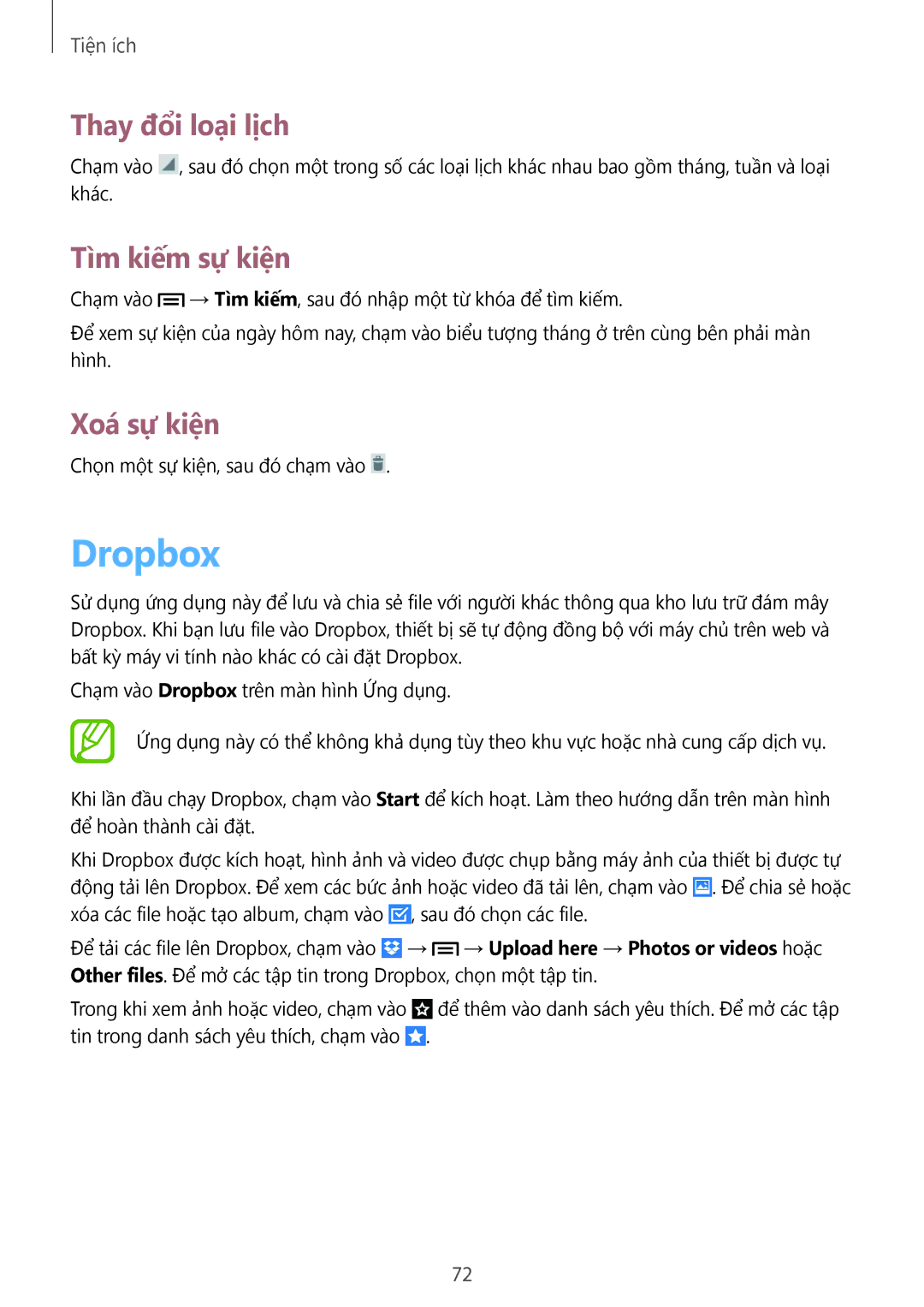 Samsung GT-S7392RWAXXV, GT-S7392WRAXXV, GT-S7392MKAXXV manual Dropbox, Thay đổi loại lịch, Tìm kiếm sự kiện, Xoá sự kiện 