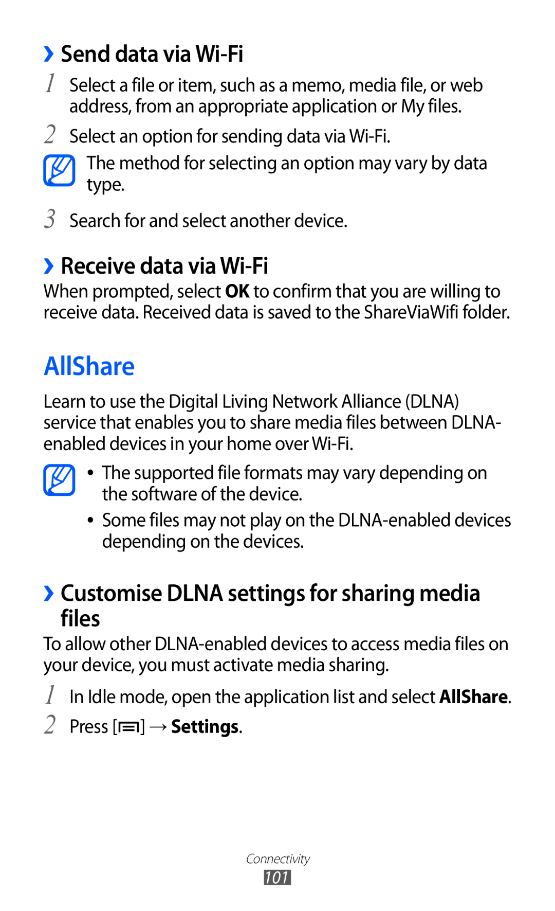 Samsung GT-S7500 user manual AllShare, ››Send data via Wi-Fi, ››Receive data via Wi-Fi 