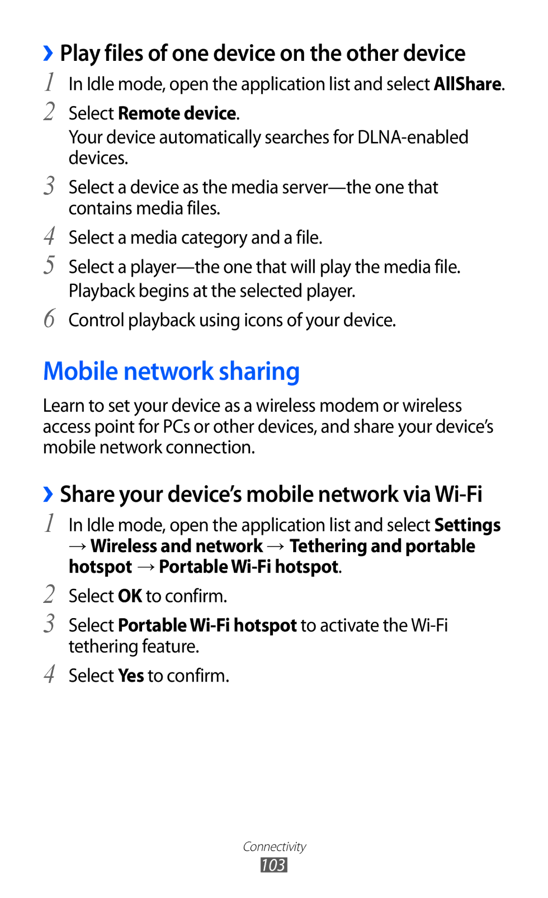 Samsung GT-S7500 Mobile network sharing, Idle mode, open the application list and select AllShare, Select Remote device 