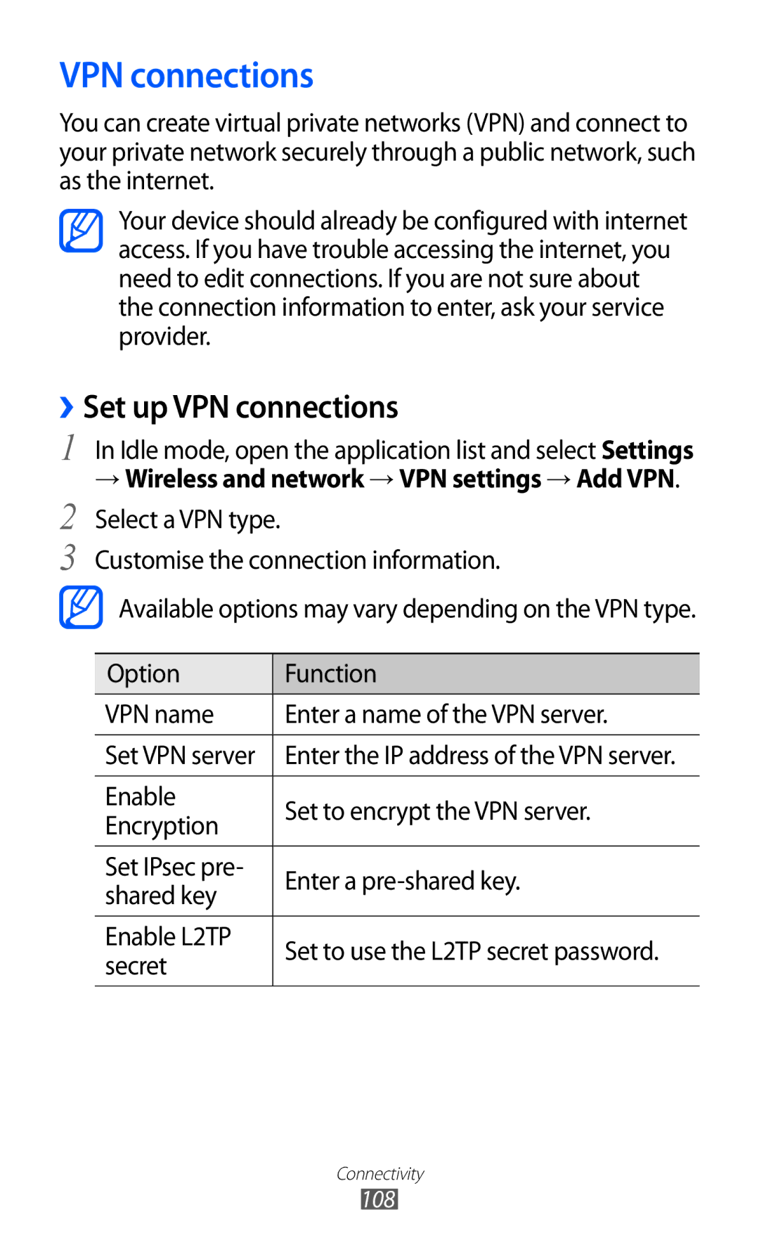 Samsung GT-S7500 user manual ››Set up VPN connections, → Wireless and network → VPN settings → Add VPN, Secret 