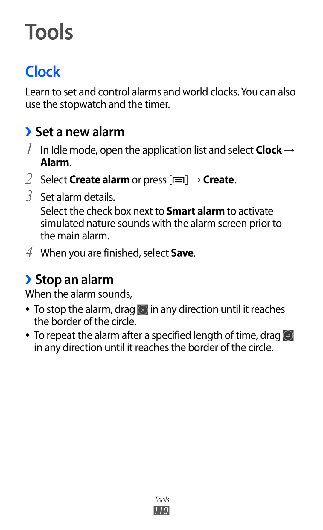 Samsung GT-S7500 user manual Tools, Clock, ››Set a new alarm, ››Stop an alarm, Alarm 