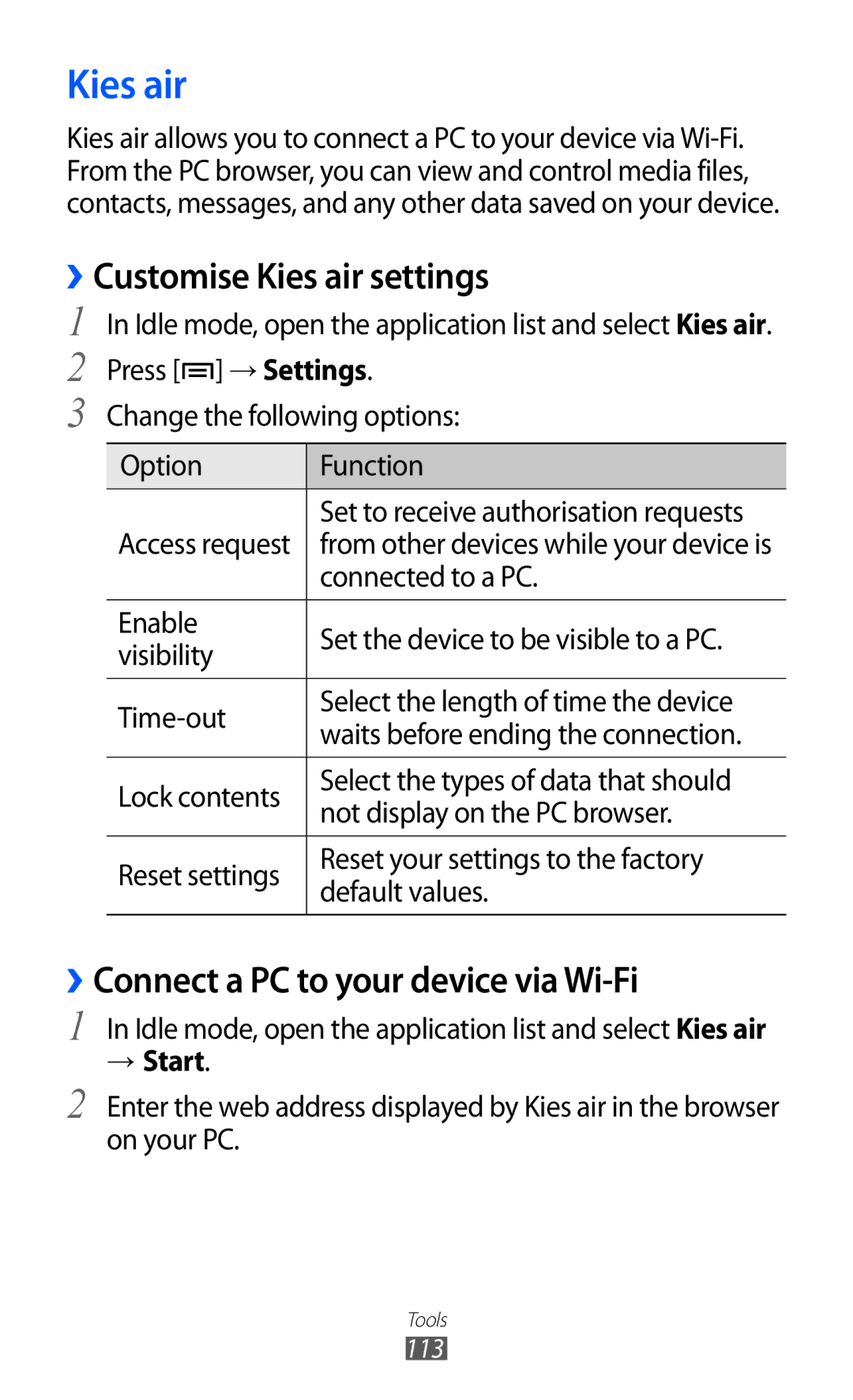 Samsung GT-S7500 user manual ››Customise Kies air settings, ››Connect a PC to your device via Wi-Fi, → Start 