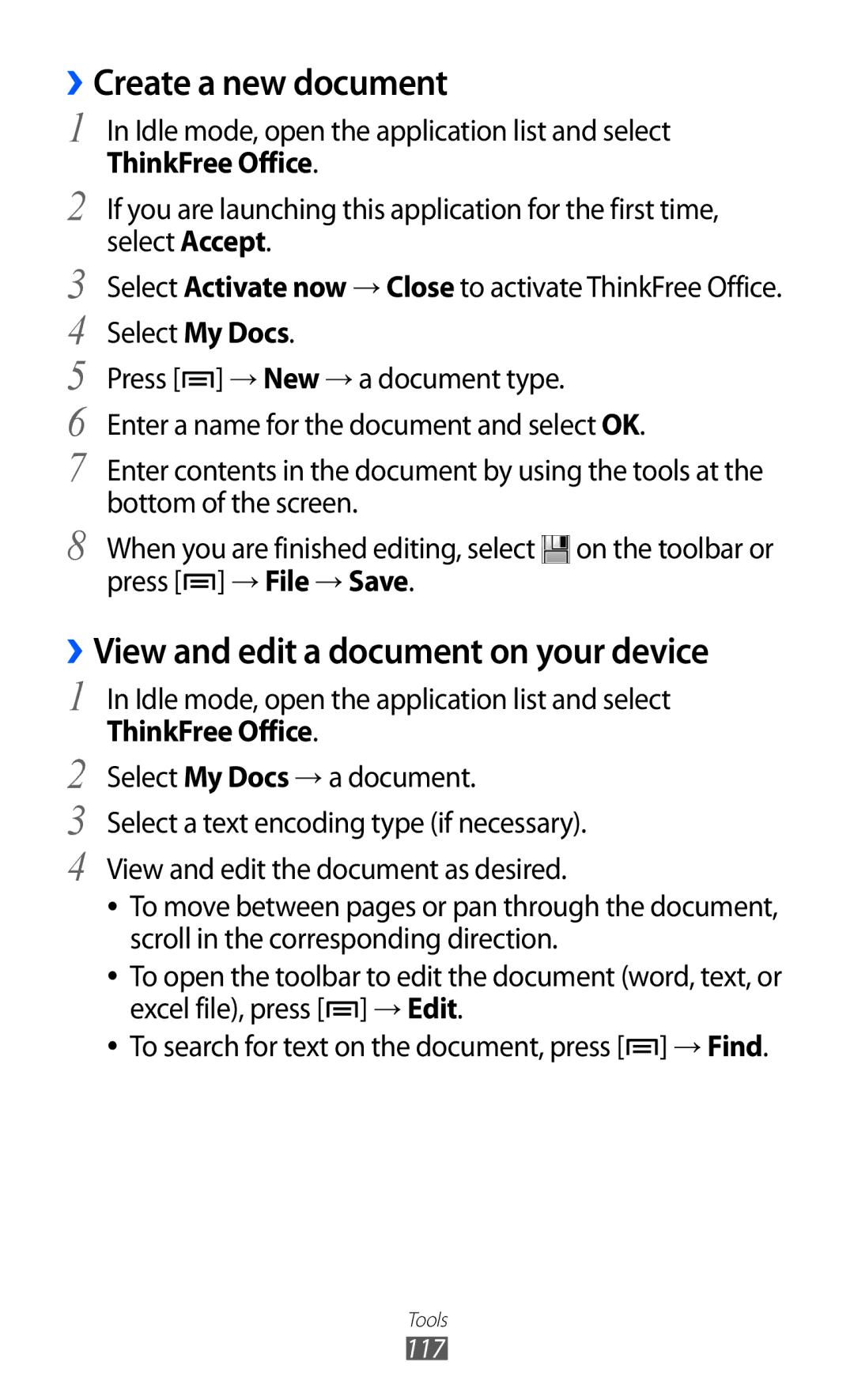 Samsung GT-S7500 user manual ››Create a new document, ››View and edit a document on your device, ThinkFree Office 