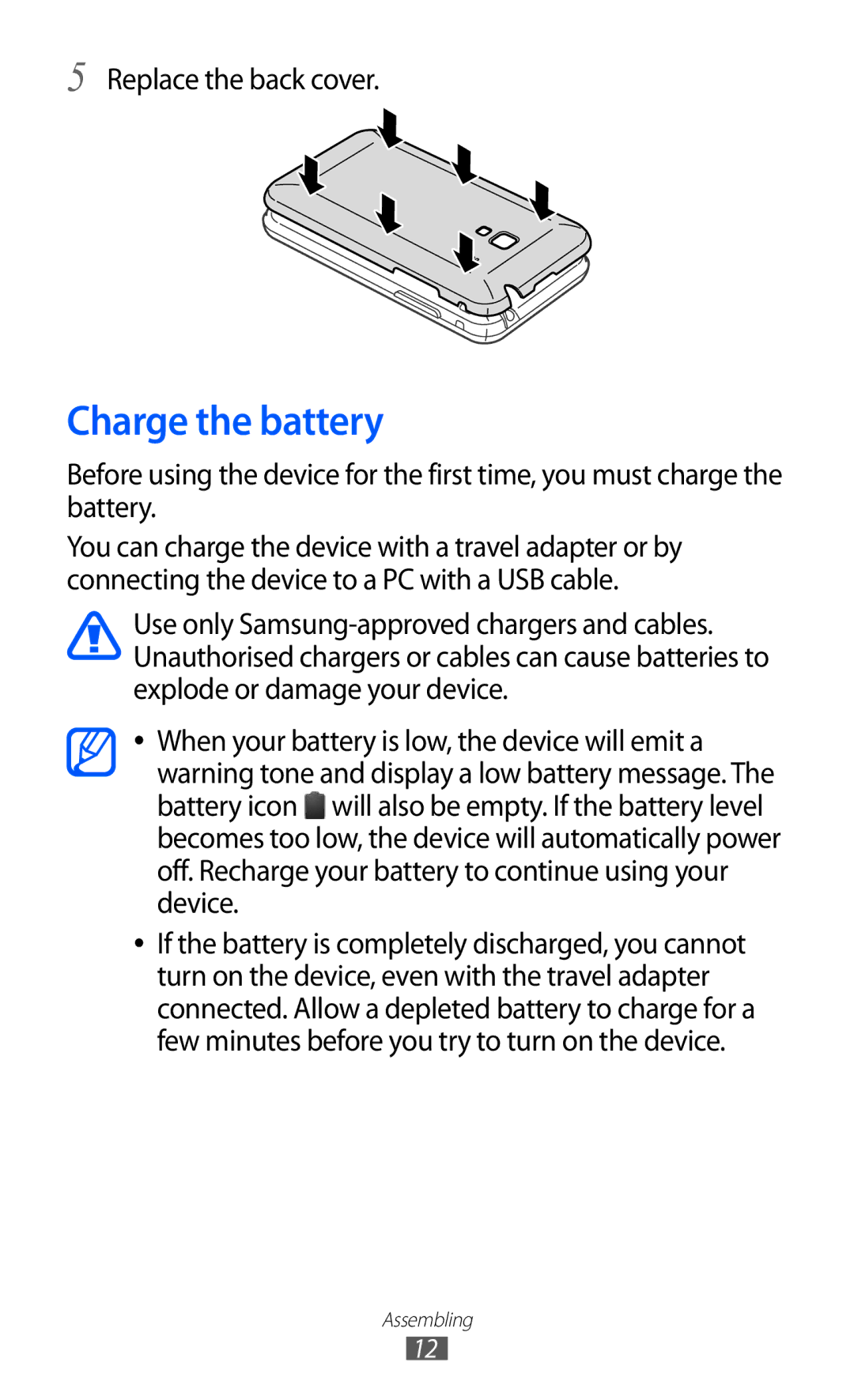 Samsung GT-S7500 user manual Charge the battery, Replace the back cover 