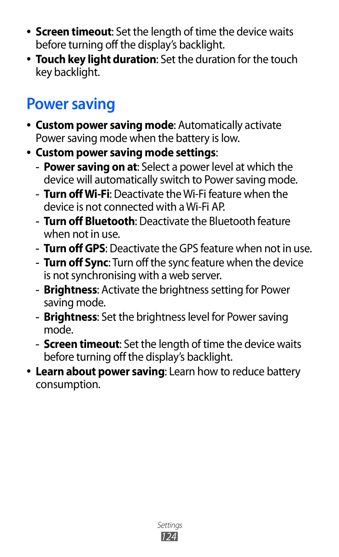 Samsung GT-S7500 user manual Power saving, Custom power saving mode settings 