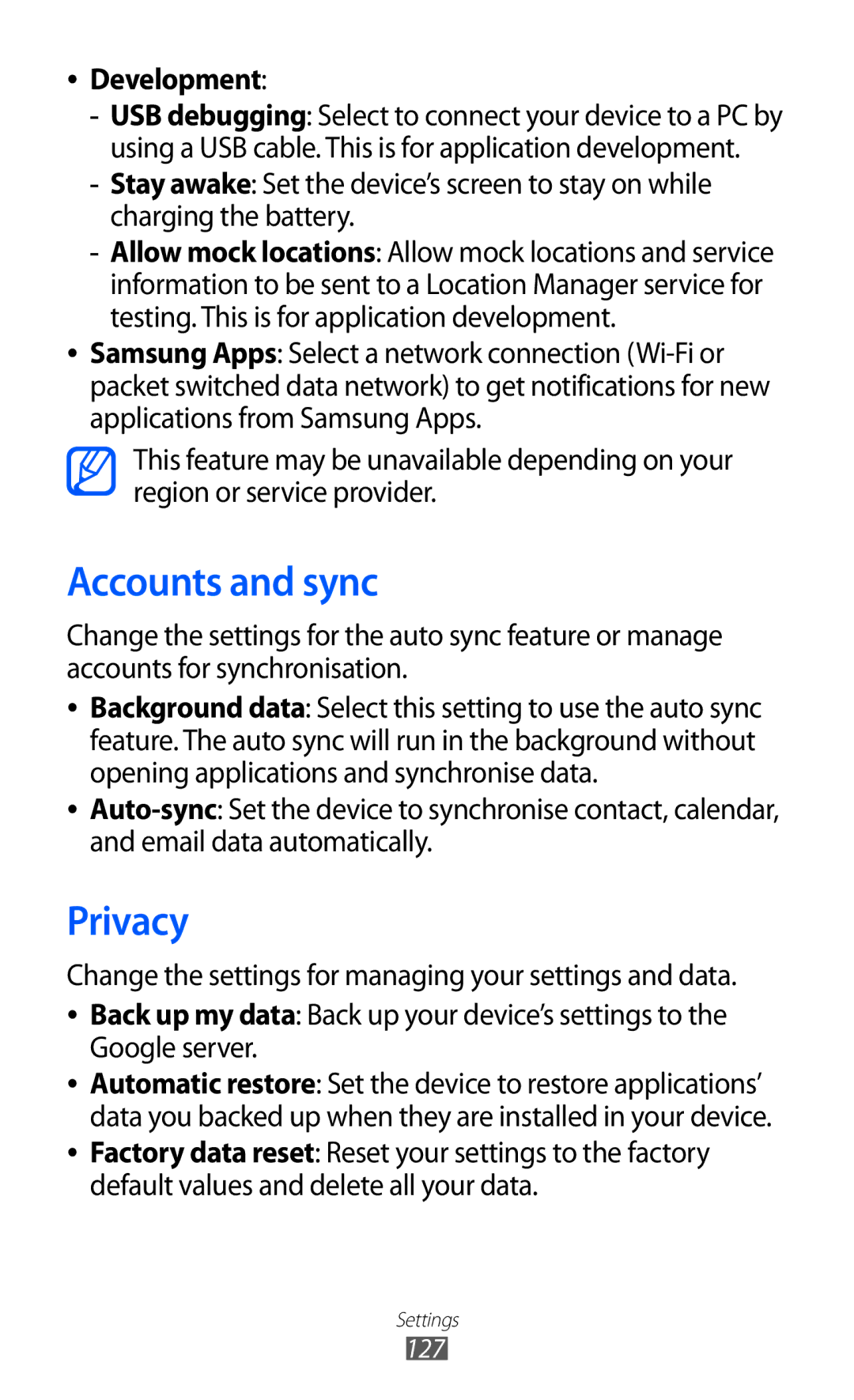 Samsung GT-S7500 user manual Accounts and sync, Privacy, Development 