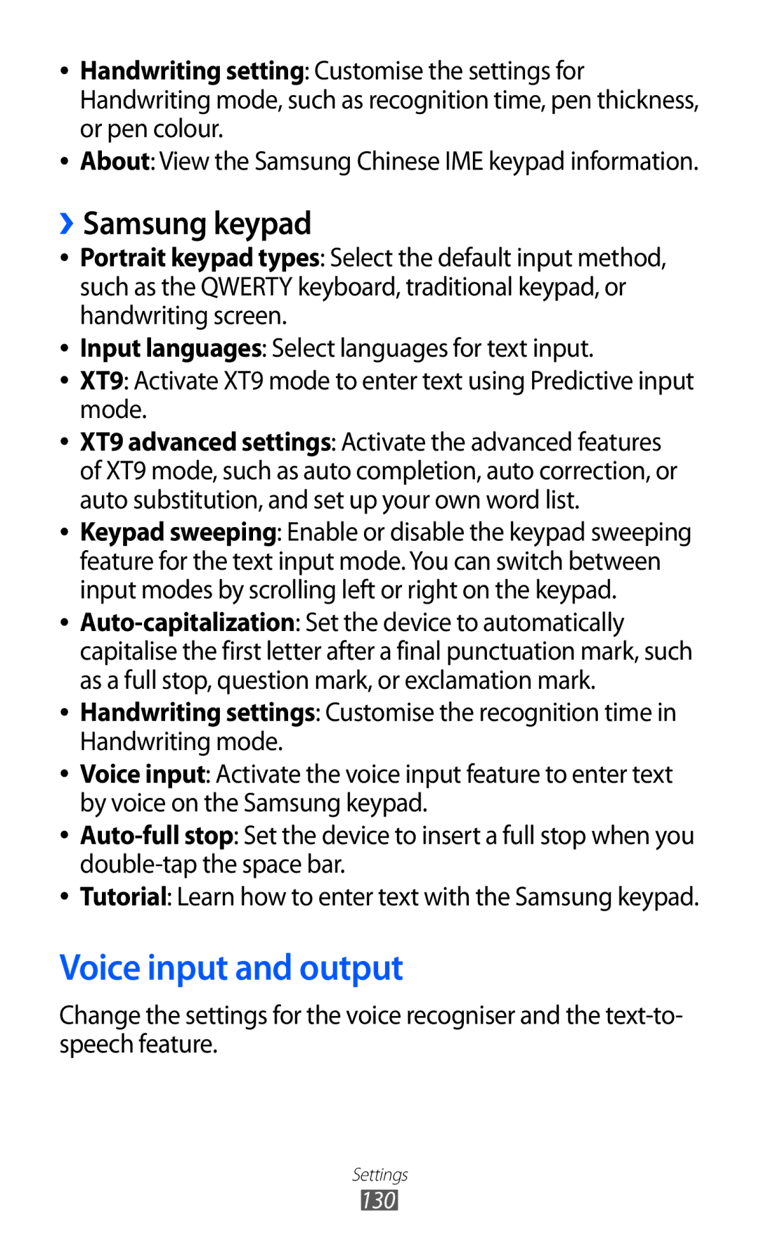 Samsung GT-S7500 user manual Voice input and output, ››Samsung keypad 