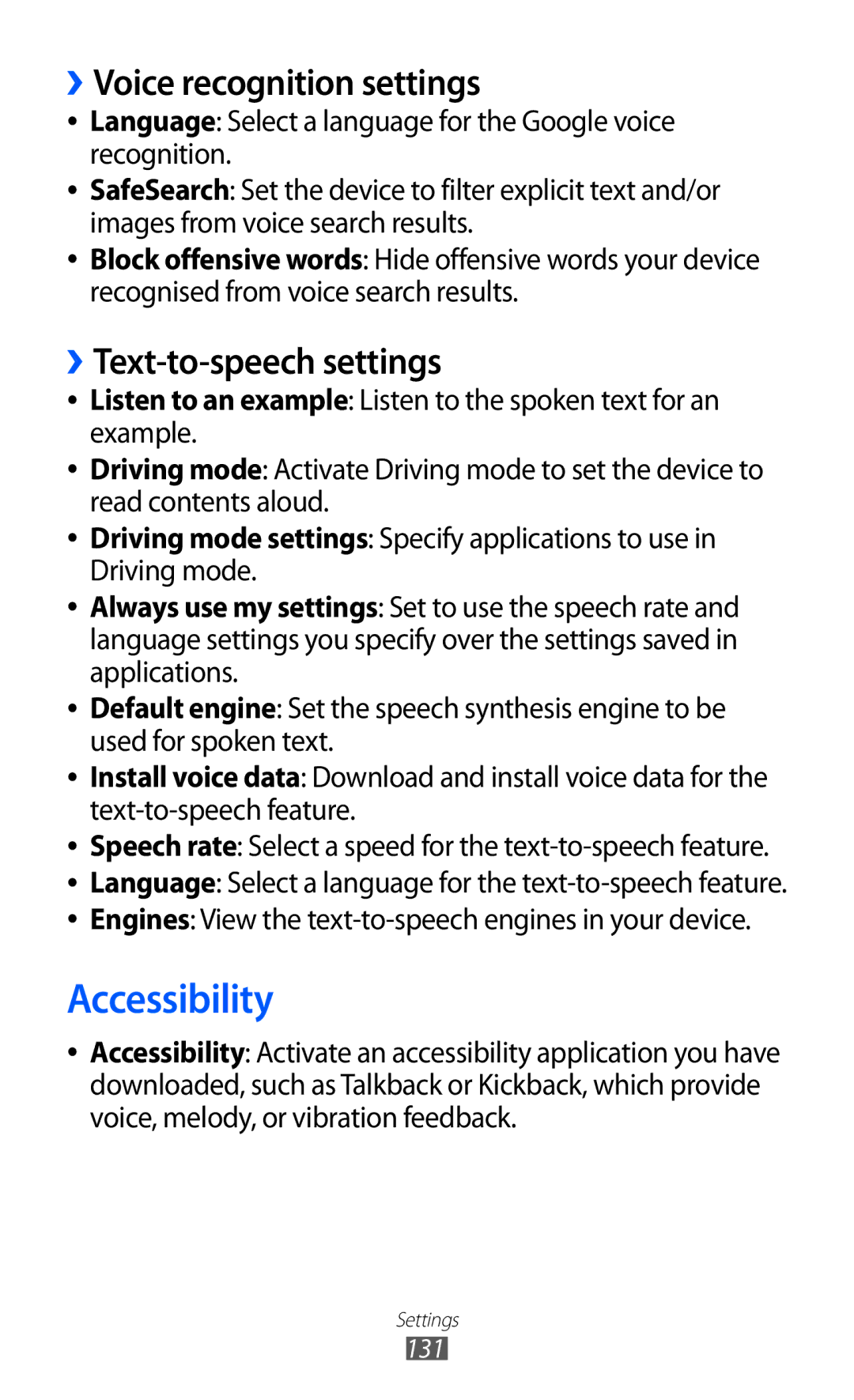 Samsung GT-S7500 user manual Accessibility, ››Voice recognition settings, ››Text-to-speech settings 