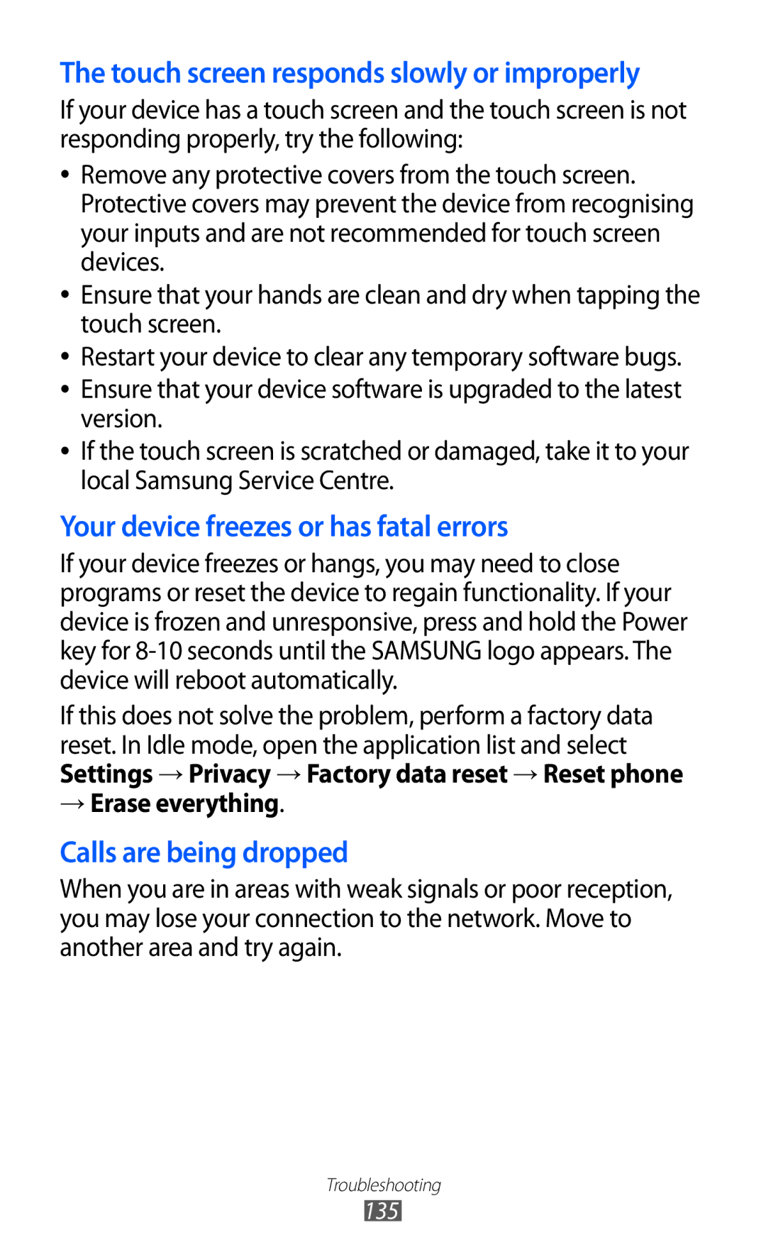 Samsung GT-S7500 user manual Touch screen responds slowly or improperly, → Erase everything 