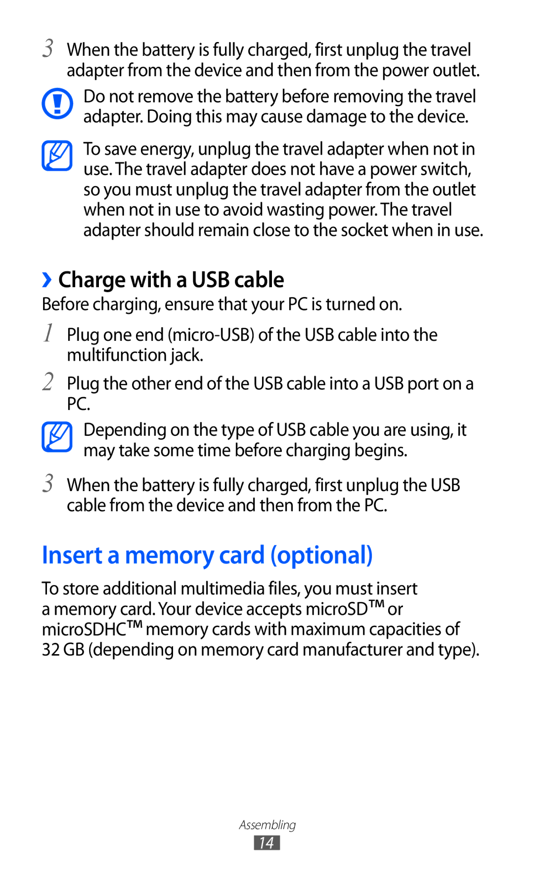 Samsung GT-S7500 user manual Insert a memory card optional, ››Charge with a USB cable 